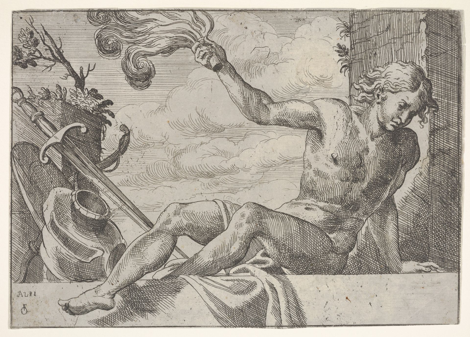 Mars, seated on a wall and holding a flame in his right hand, with armor below by Odoardo Fialetti