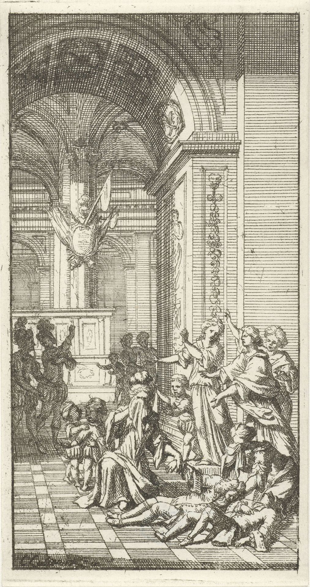 Vrouwen wenen om twee stervende mannen in een paleis by Christoffel Lubienitzki