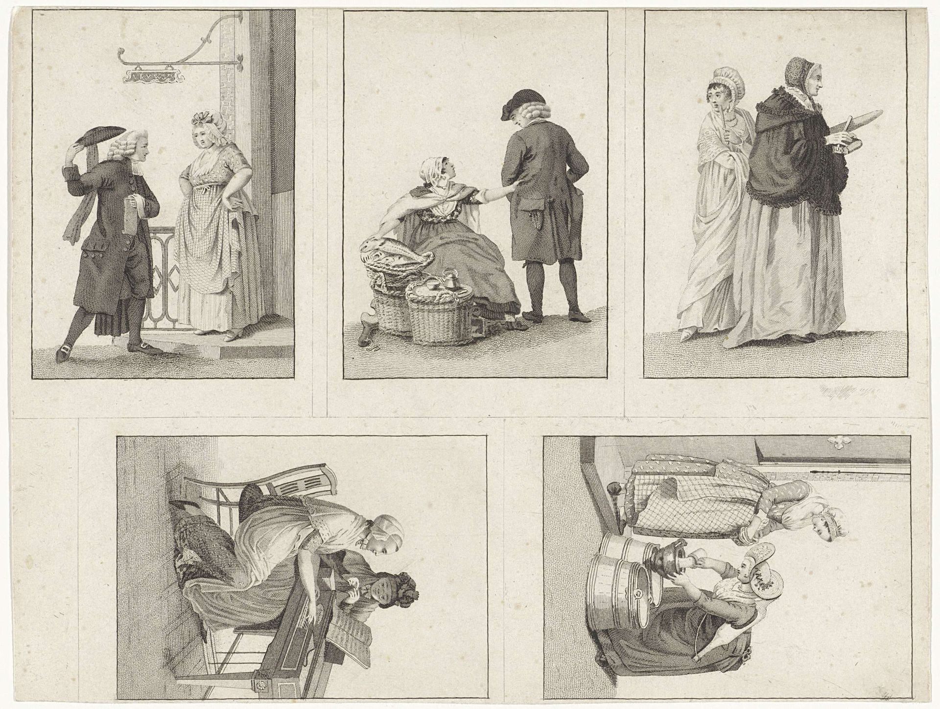 Niet versneden blad met vijf afbeeldingen van figuren in Noord-Nederlandse klederdrachten by Ludwig Gottlieb Portman