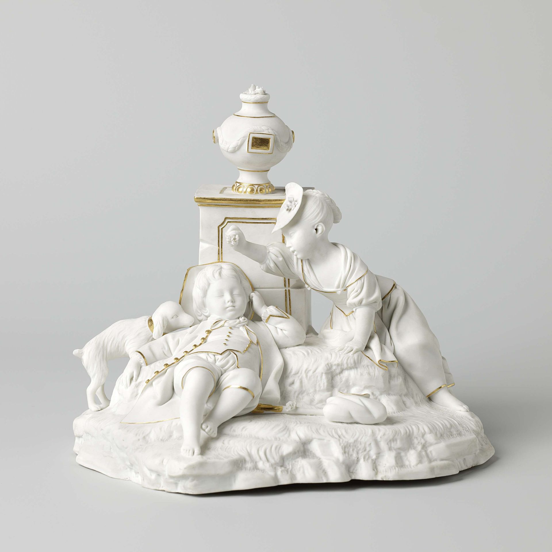 Figure of a girl, sleeping boy and a dog by Höchst