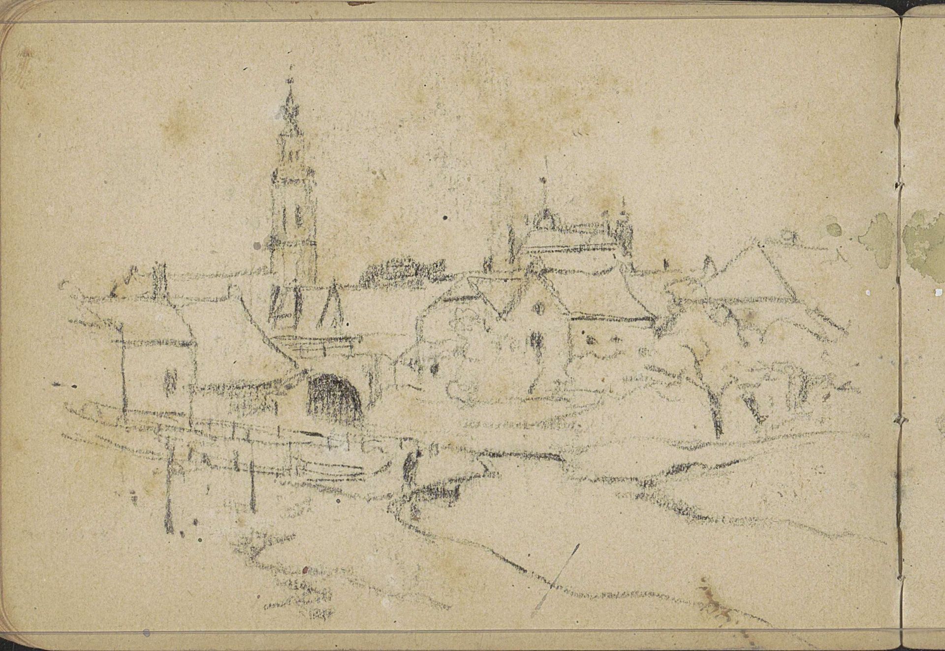 Stadsgezicht met kerktoren by Willem Cornelis Rip