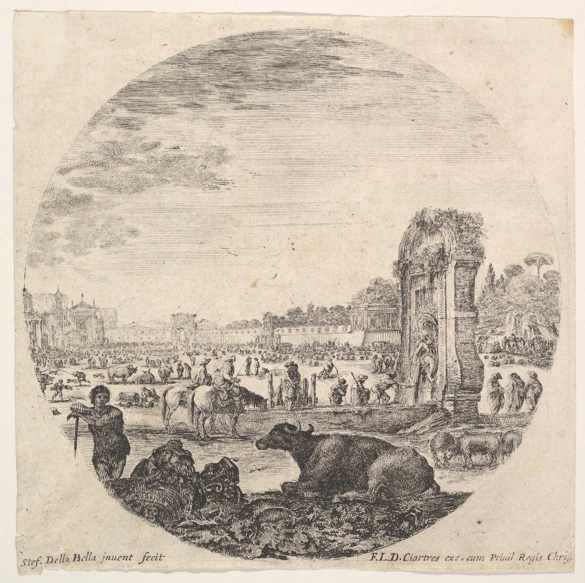 Plate 2: Campo Vaccino, a buffalo and two shepherds in center, the Fontanone to right in the middleground, various animals and people in the background, a round composition, from 'Roman landscapes and ruins' (Paysages et ruines de Rome) by Stefano della Bella