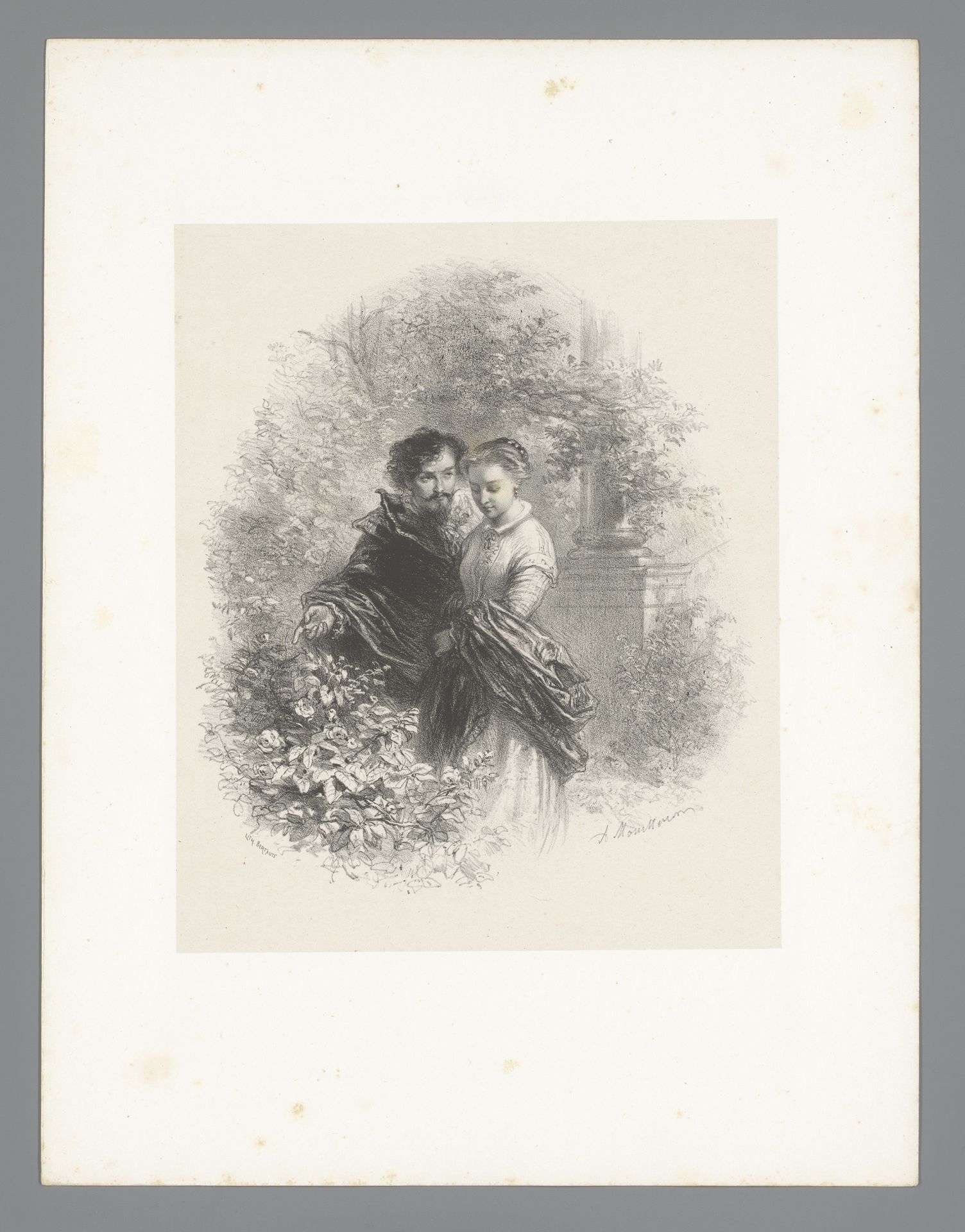Man wijst vrouw op een rozenstruik by Adolphe Mouilleron