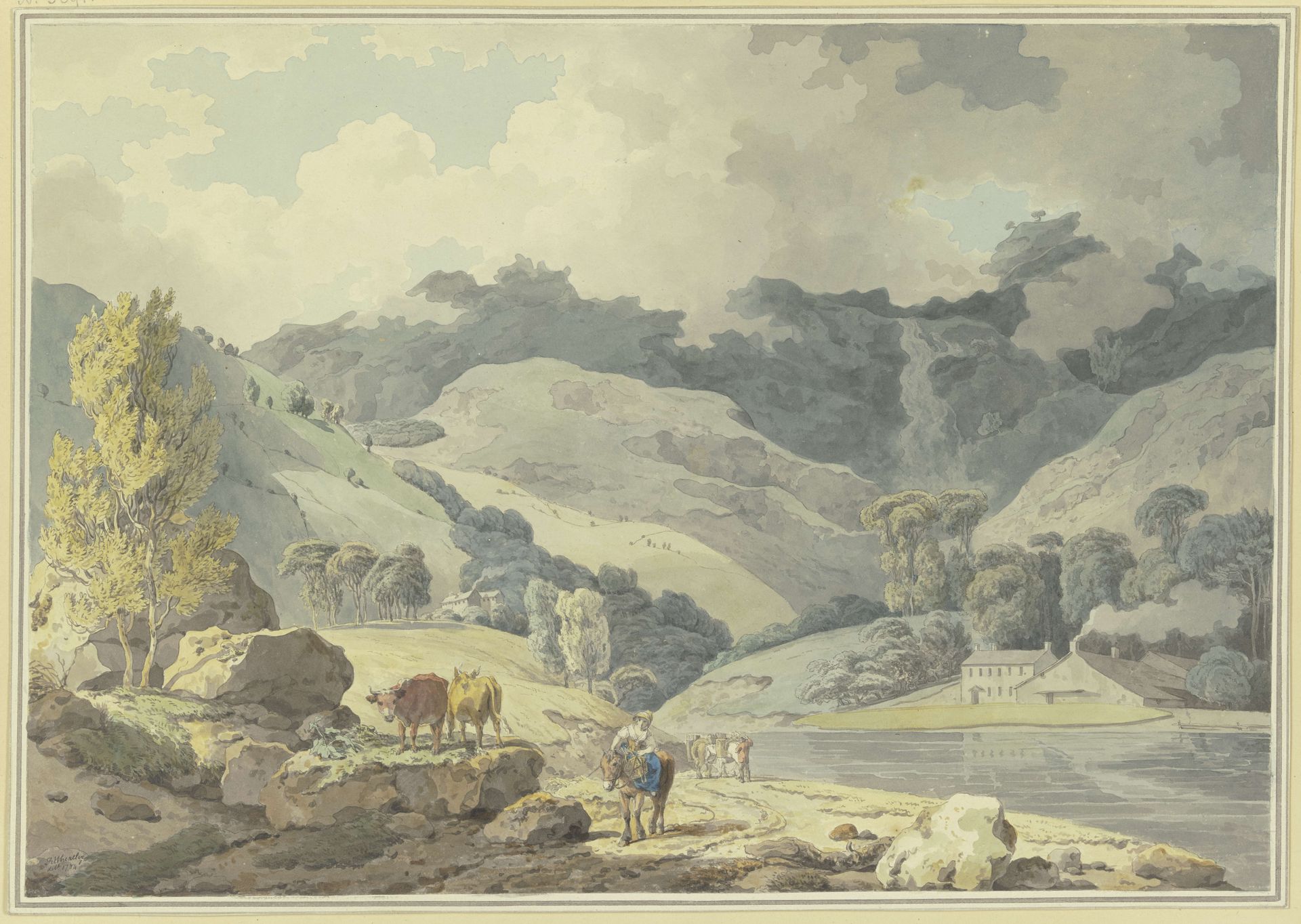 Gebirgslandschaft, auf dem Weg ein Mädchen zu Pferde, links zwei Kühe by Francis Wheatley
