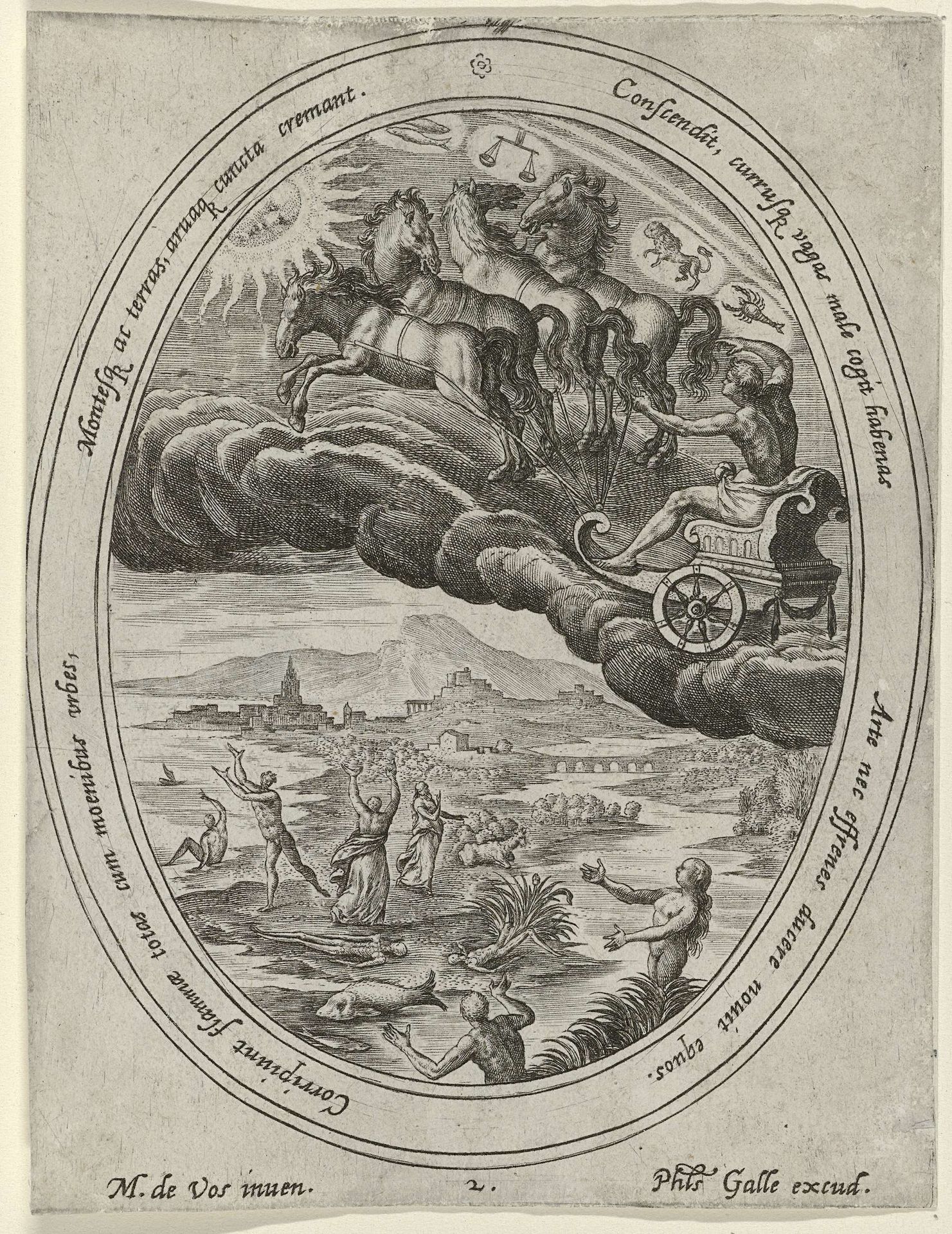 Phaëthon rijdt in de zonnewagen by Philips Galle
