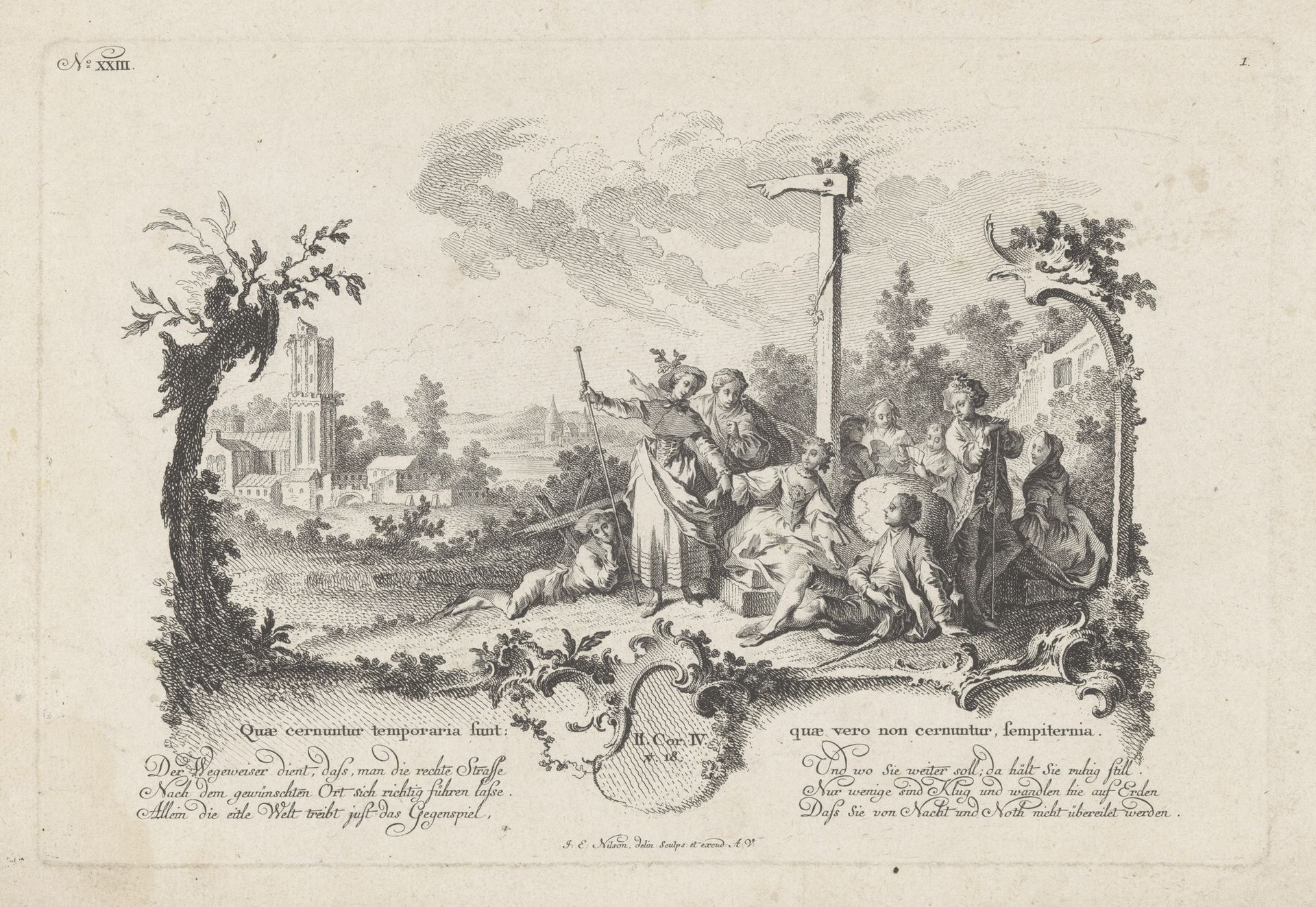 Groep mannen en vrouwen onder een wegwijzer by Johann Esaias Nilson