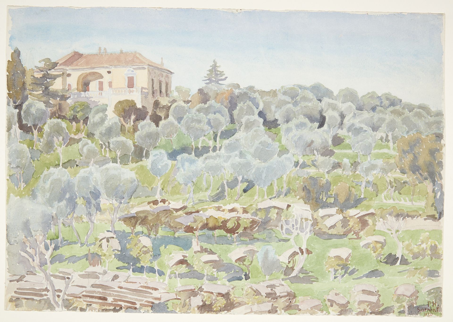Bjergskråning med oliventræer og en villa by Peter Hansen