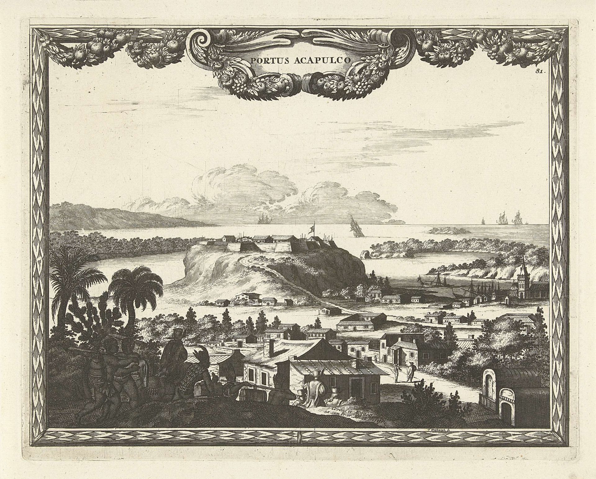 Gezicht op haven en fort bij Acapulco by Thomas Doesburgh