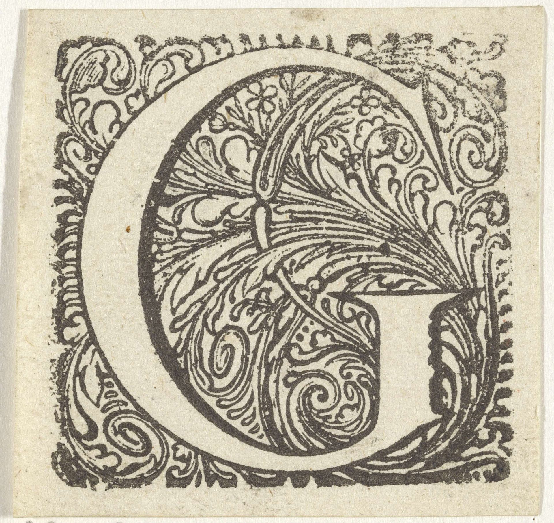 Letter G in een geornamenteerde omlijsting by Anonymous