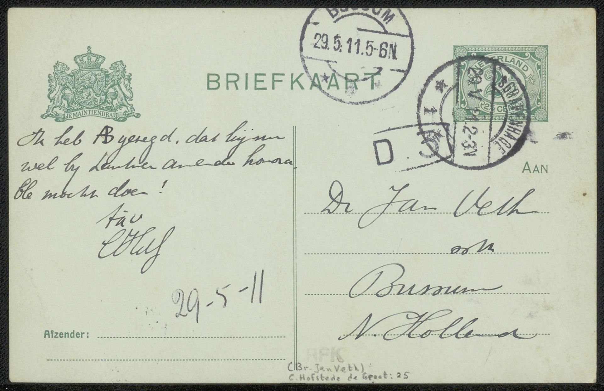 Briefkaart aan Jan Veth by Cornelis Hofstede de Groot