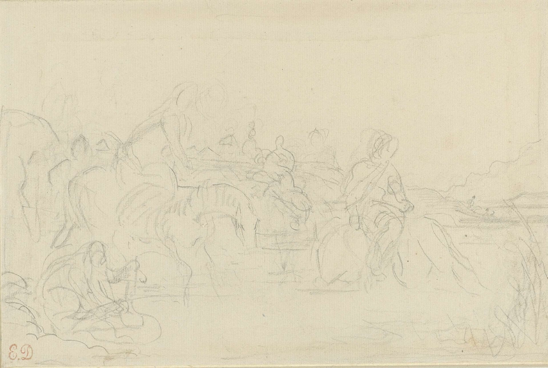 Ruiters laten hun paarden drinken by Eugène Delacroix