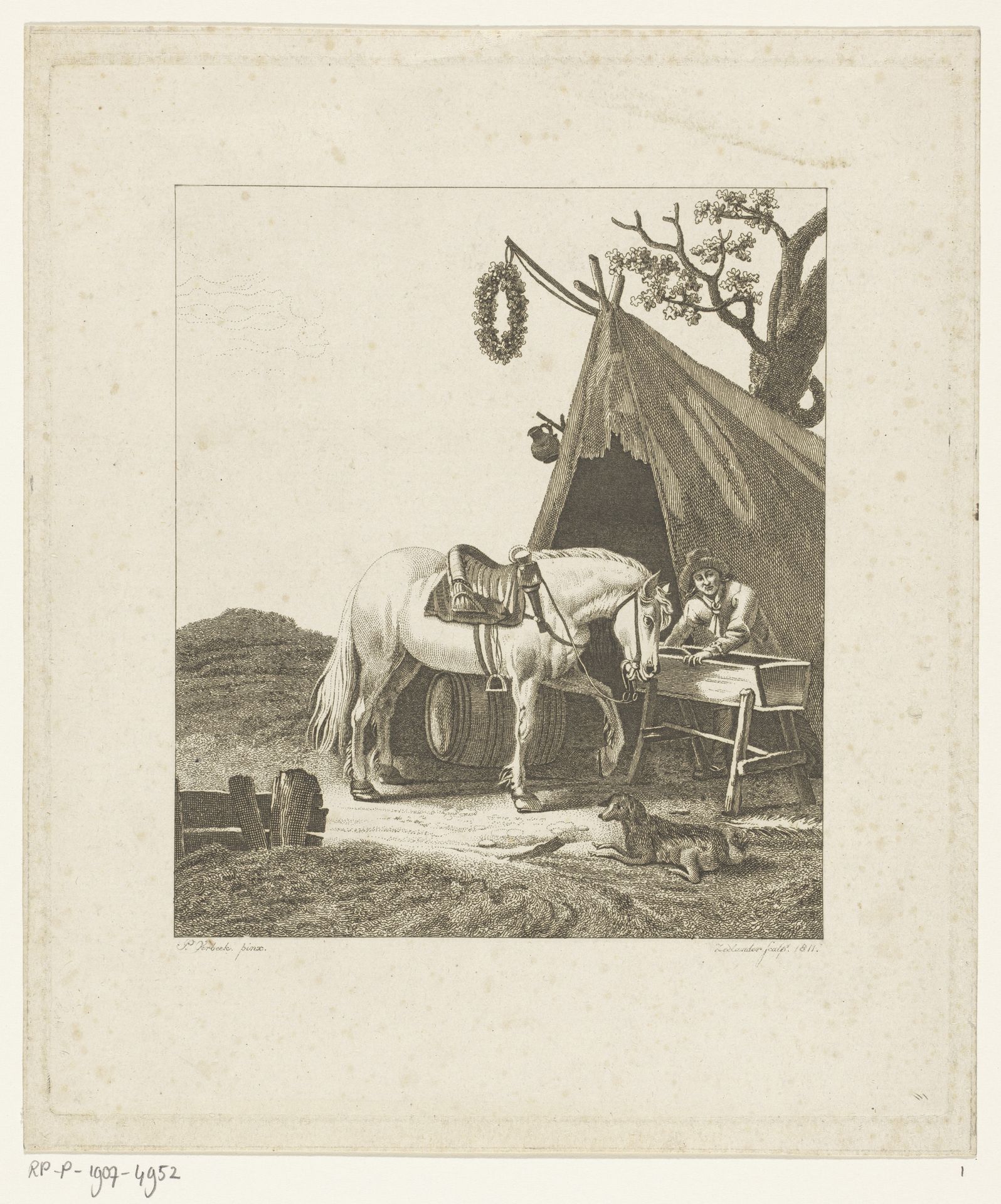 Man met een paard bij voederbak by Abraham Lion Zeelander