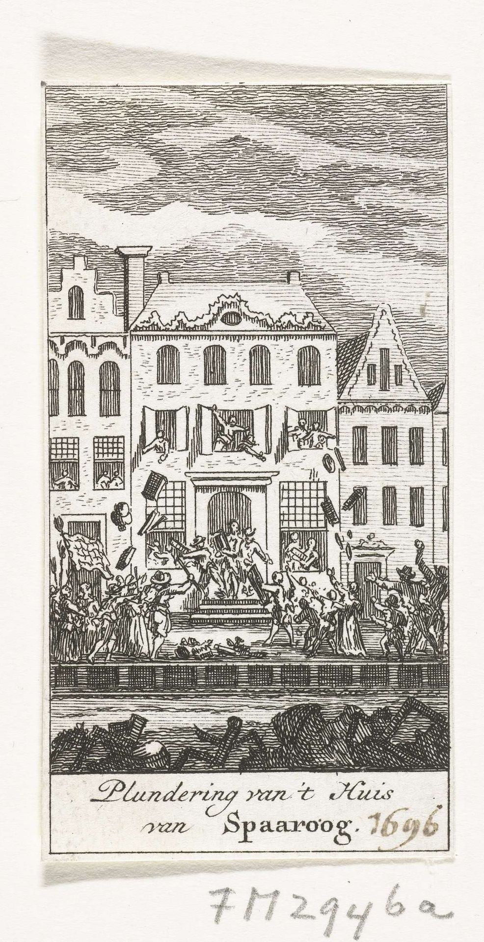 Plundering van het huis van kapitein Spaaroog tijdens het Aansprekersoproer te Amsterdam, 1696 by Simon Fokke
