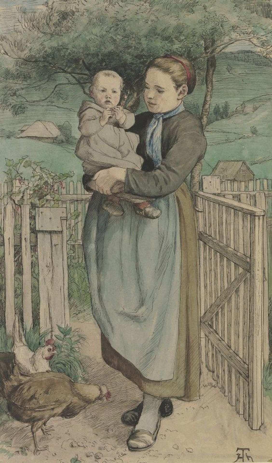 Bauernmädchen mit einem Kind auf dem Arm an einem Holzgitter stehend by Hans Thoma