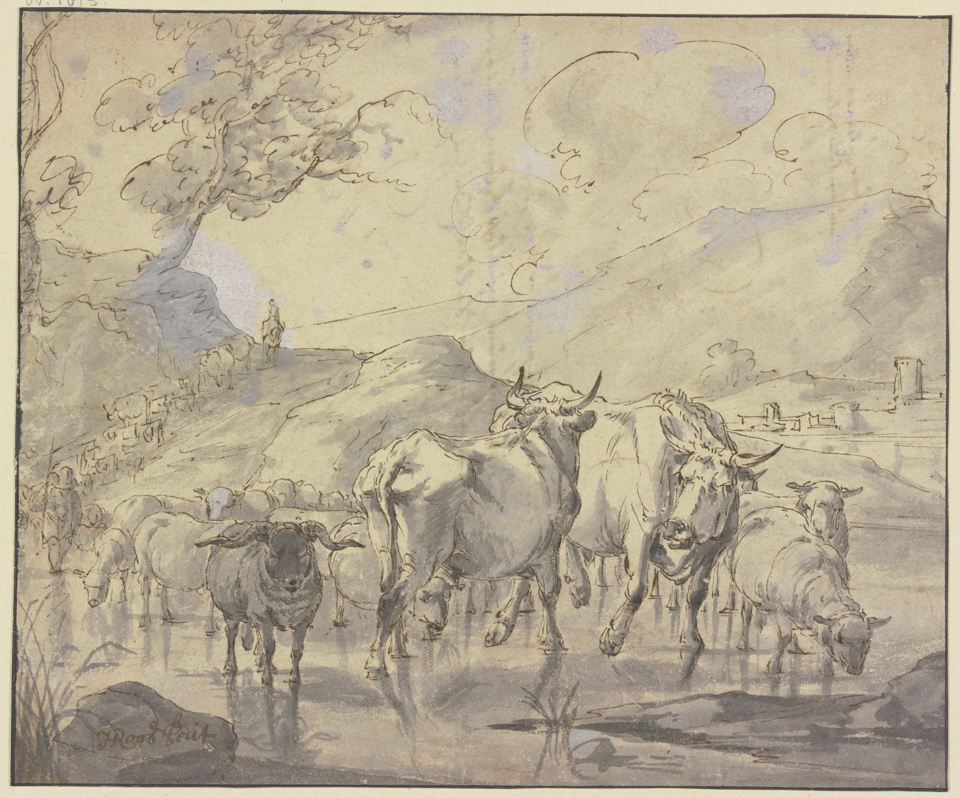 Eine Herde von Rindern und Schafen kommt einen Bergpfad herab zur Tränke by Johann Heinrich Roos