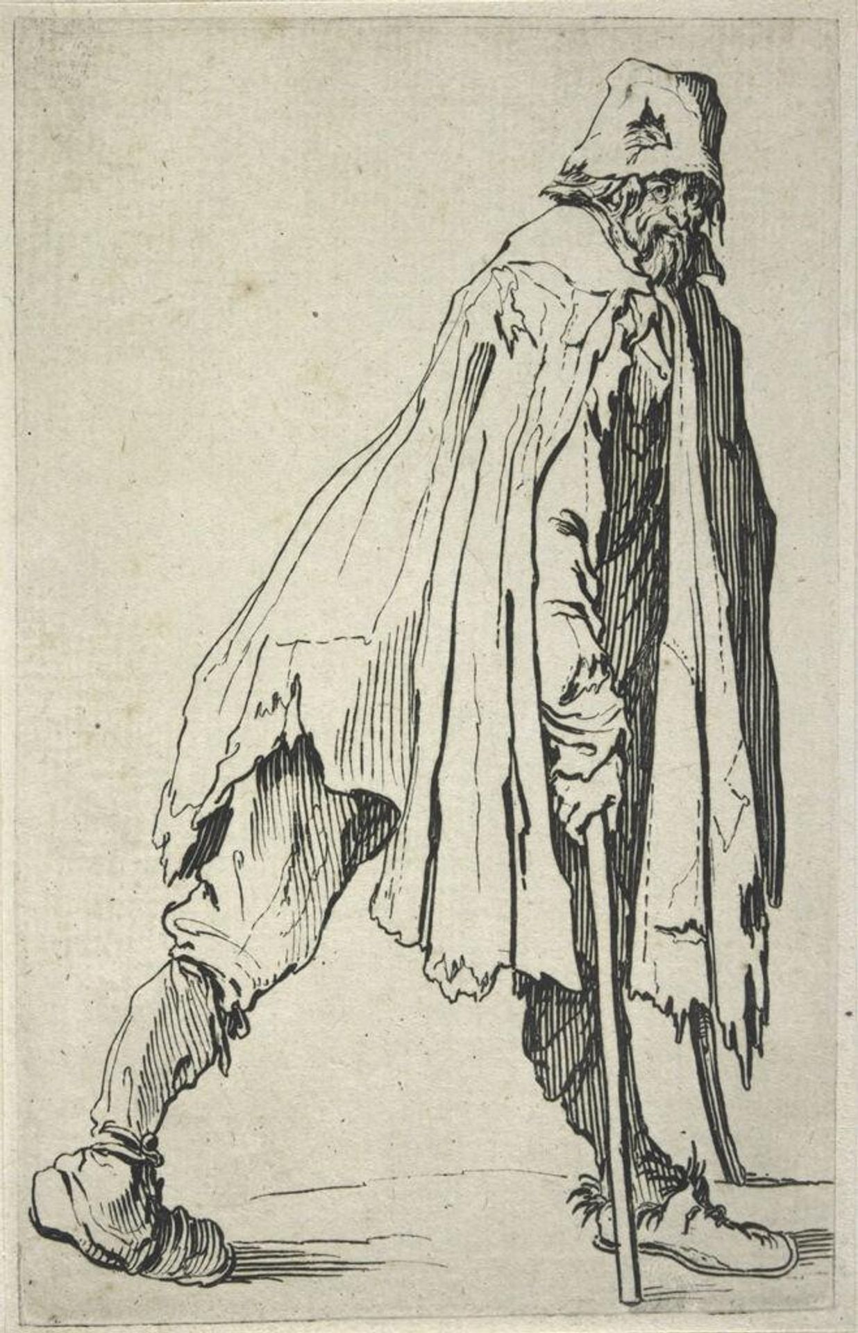 Beggar on Crutches, Wearing a Ragged Bonnet by Jacques Callot