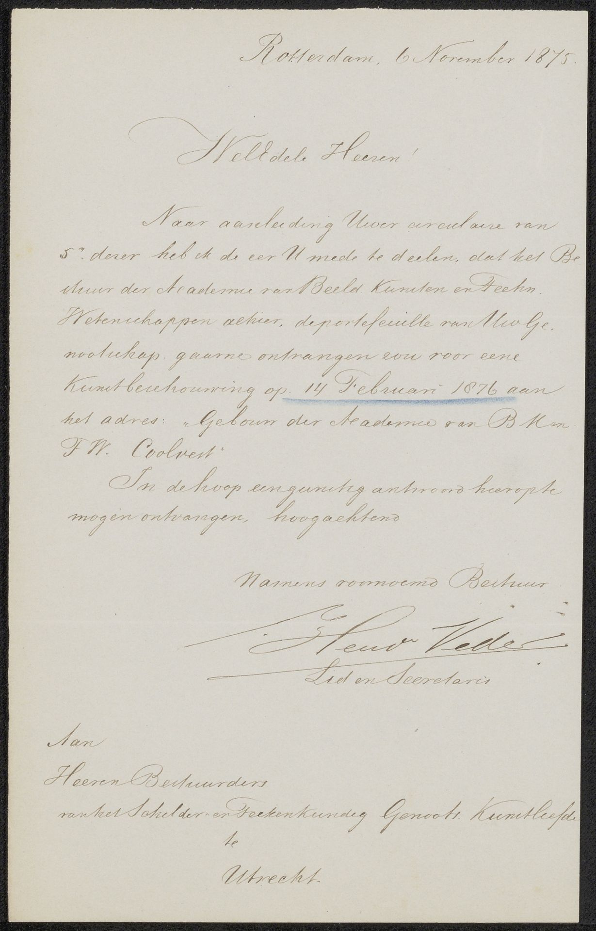 Brief aan Genootschap Kunstliefde by Hendrik Veder
