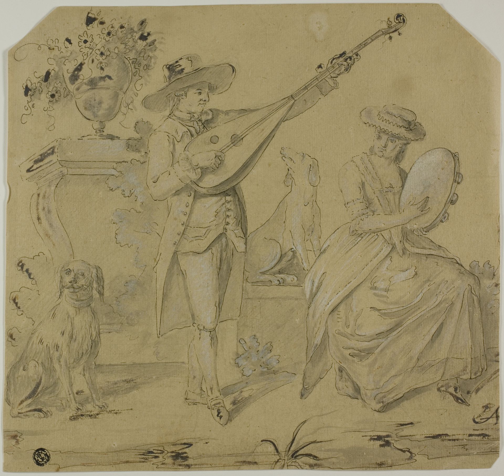Man Playing Lute and Woman Playing Tamborine by Anonymous