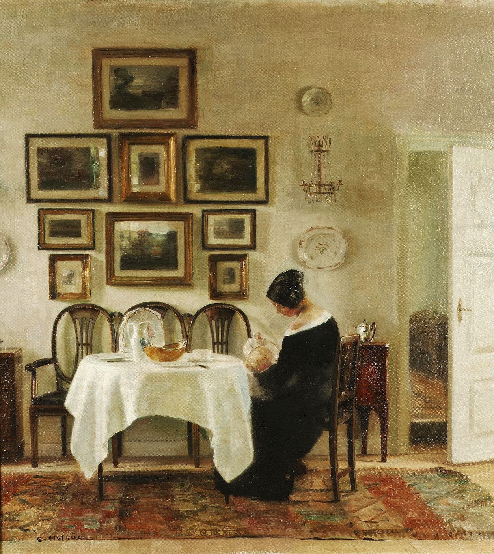 Mother and Child in a Dining Room Interior by Carl Holsøe