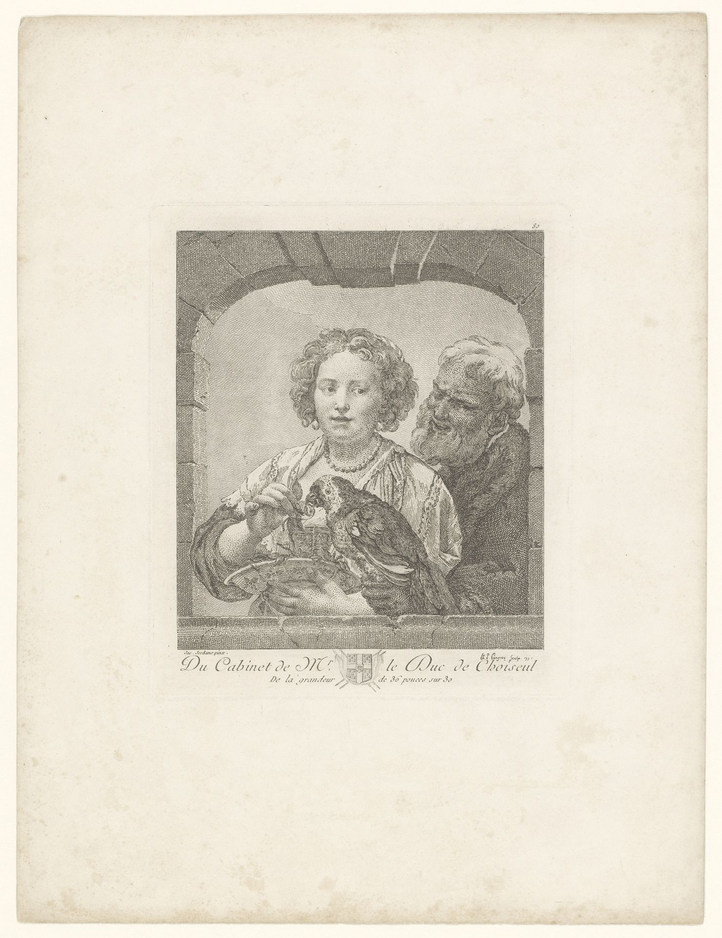 Vrouw in venster voert een papegaai die wordt vastgehouden door een man by Philippe Louis Parizeau