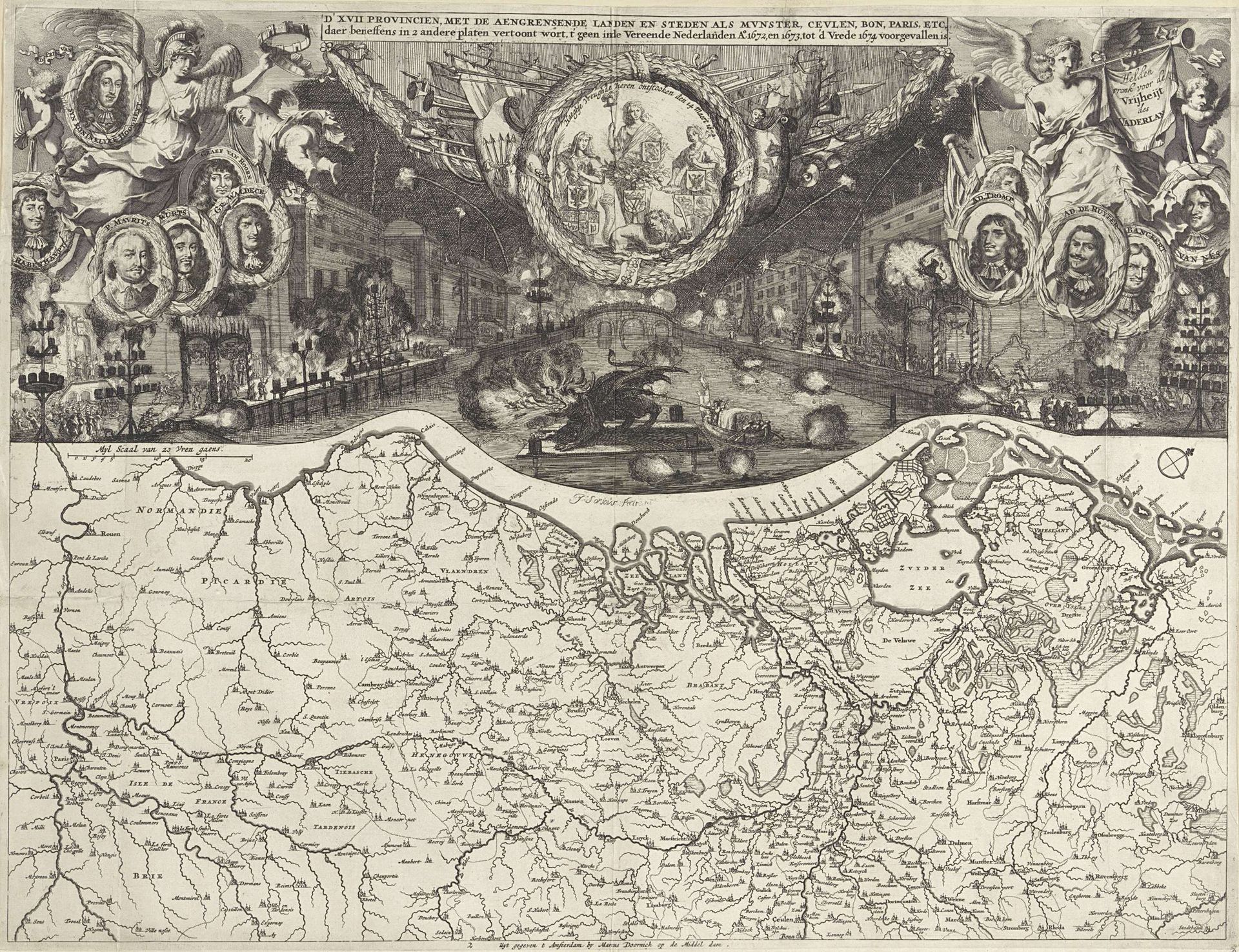 De 17 provincien met aangrenzende landen: Vuurwerk in Den Haag, 1674 by Isaac Sorious