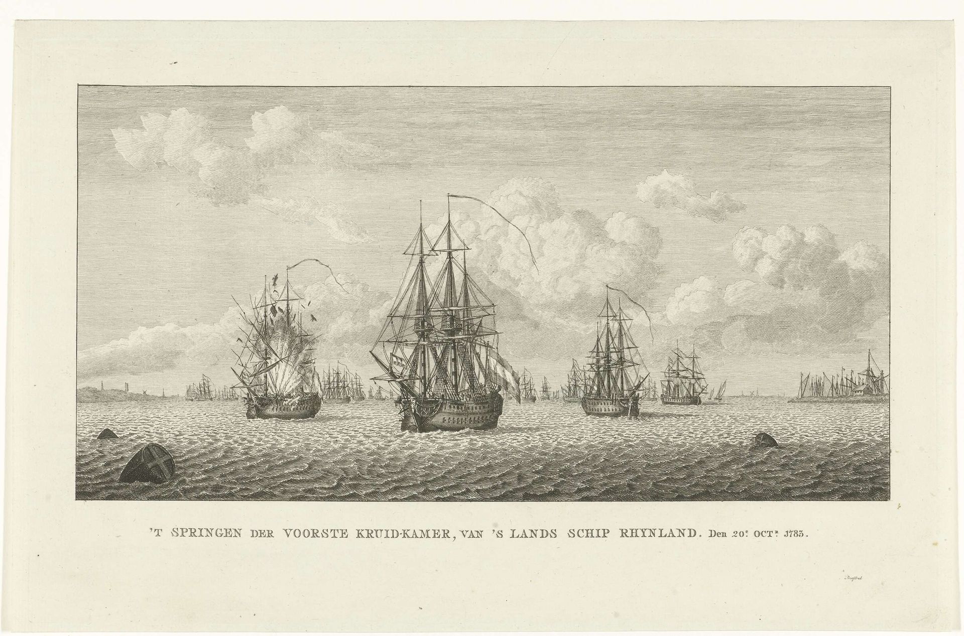 Voorste kruitkamer van schip Rhijnland ontploft op 20 oktober 1783 by Carel Frederik (I) Bendorp