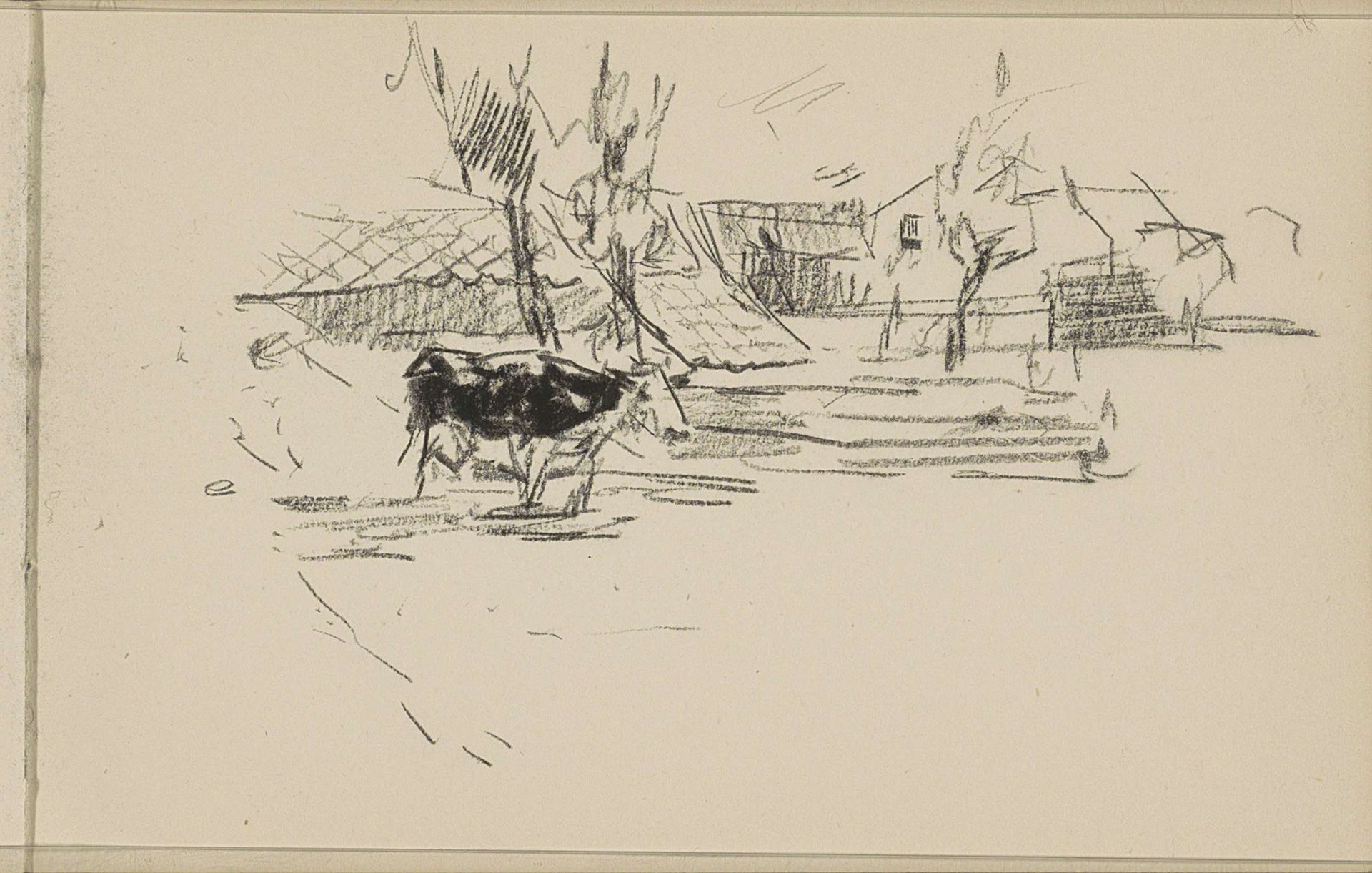 Landschap met bebouwing en een koe by Johan Antonie de Jonge