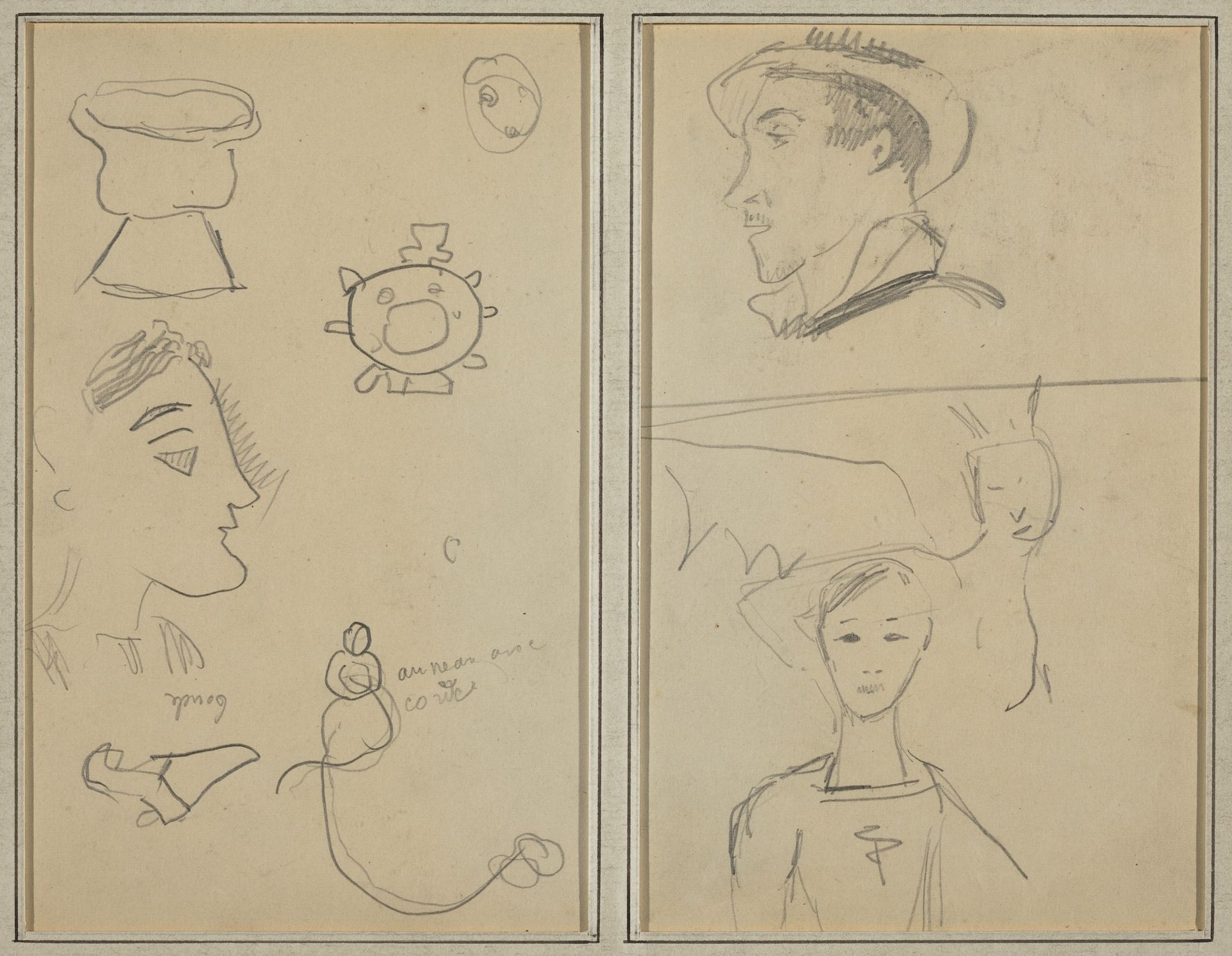 A Caricature and Five Forms; A Man in Profile, a Winged Creature and a Boy [verso] by Paul Gauguin