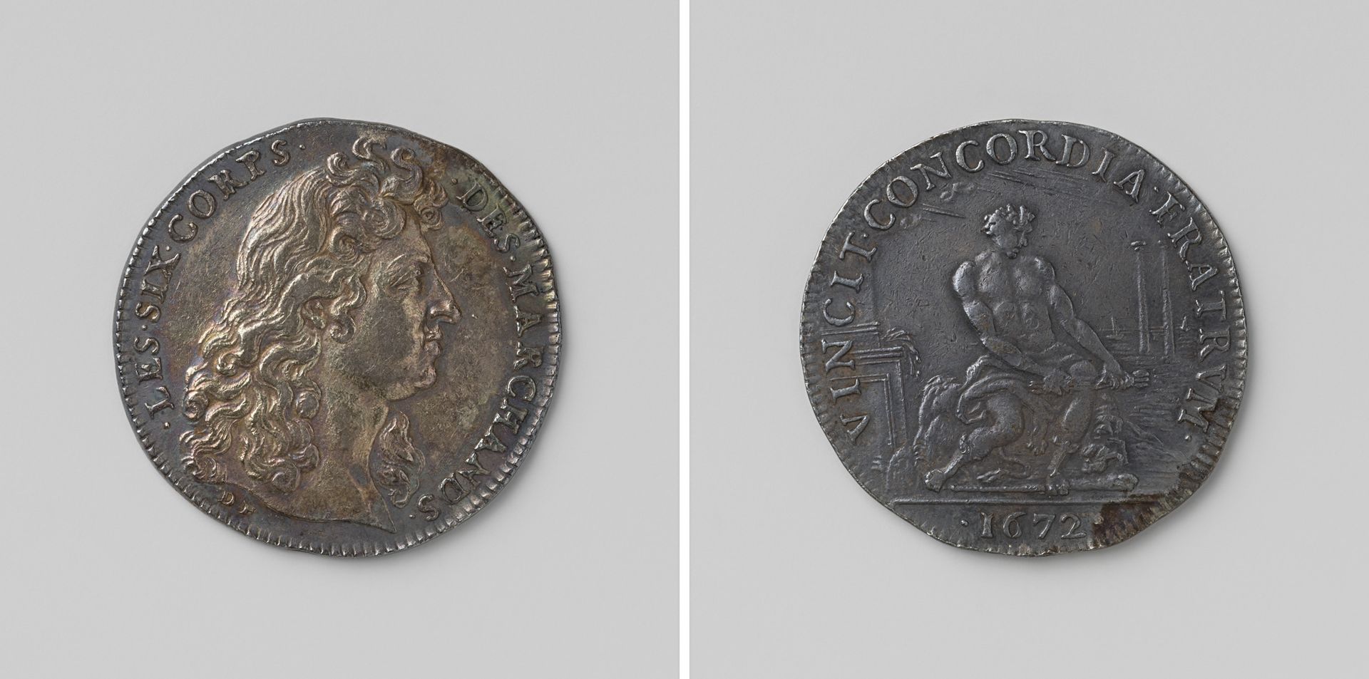 Overwinning op de Triple Alliantie, rekenpenning geslagen op last van 'Les Six Corps des Marchands' ter ere van Lodewijk XIV, koning van Frankrijk by Monogrammist DF (medailleur)