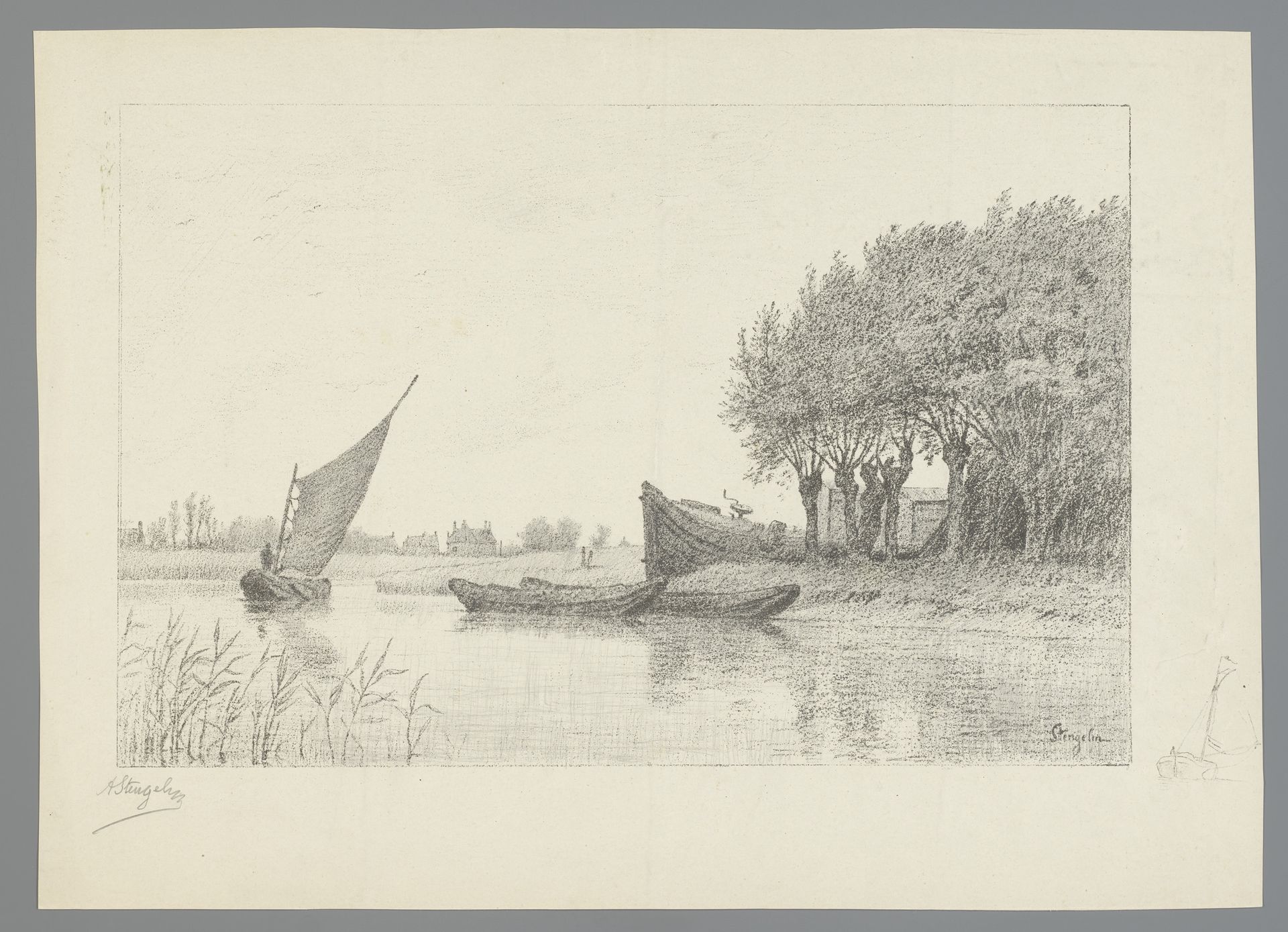 Schepen op de vaart bij Papendrecht by Alphonse Stengelin