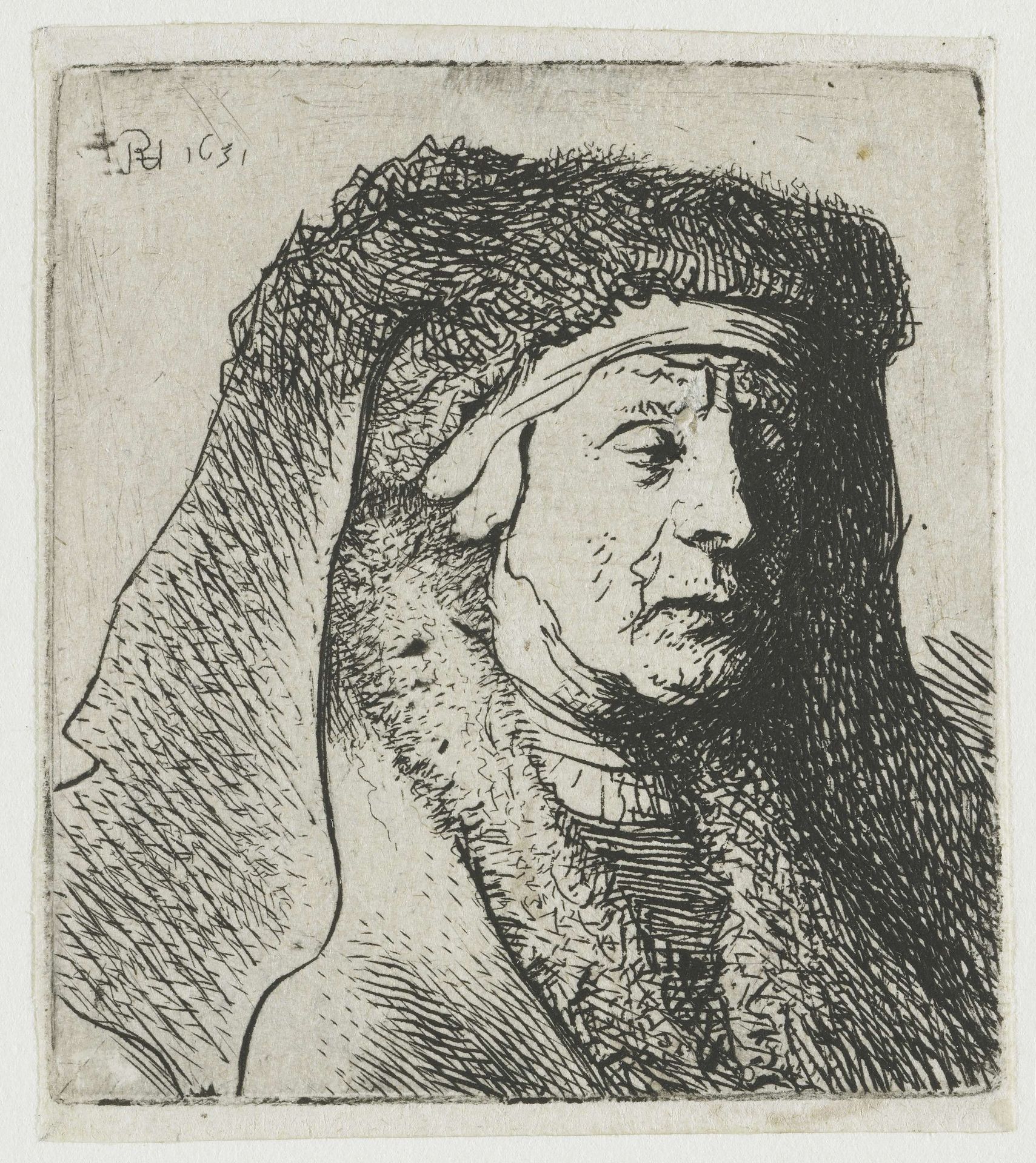 Bust of an old woman in a furred cloak and heavy headdress by Rembrandt van Rijn