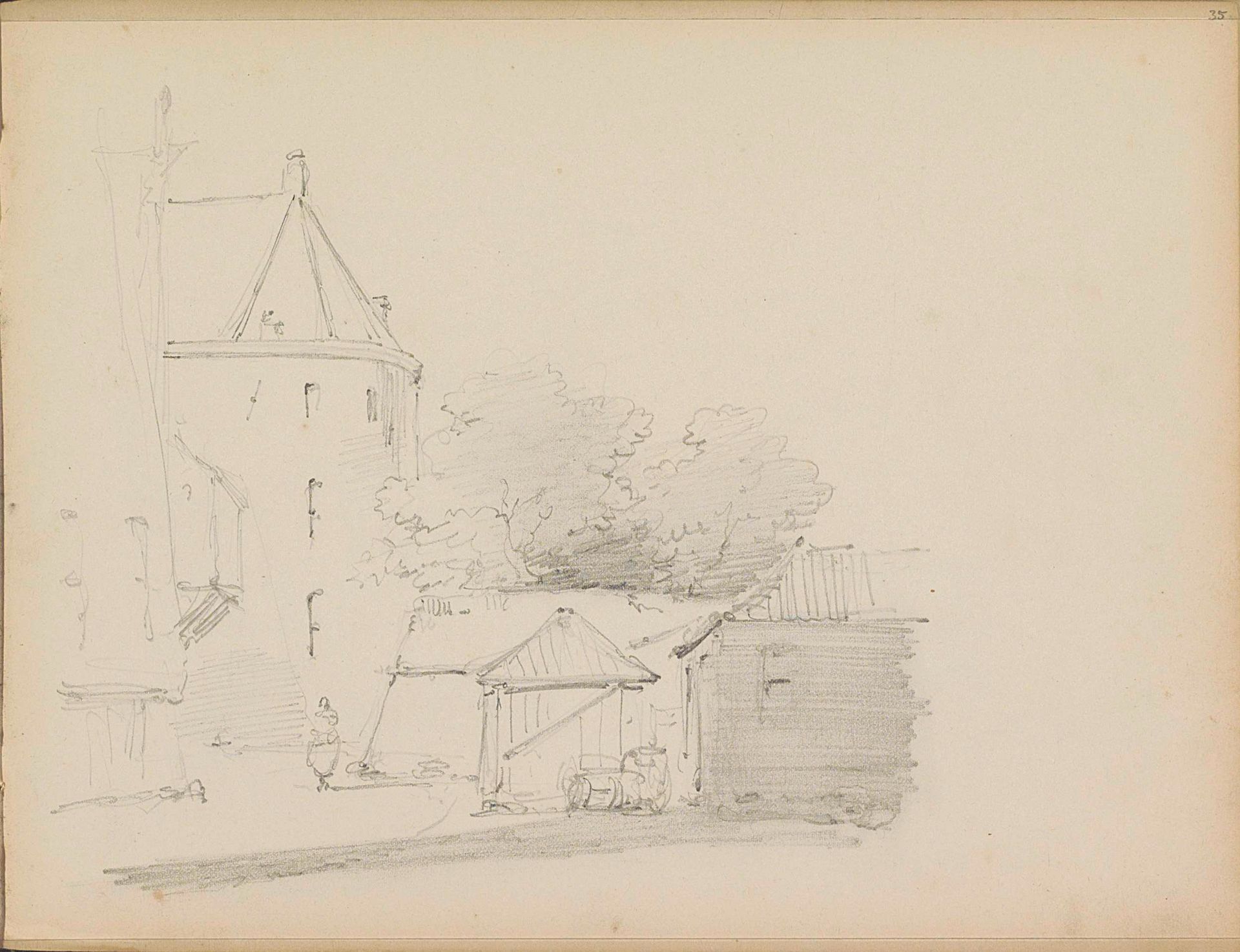 Gezicht op gebouwen by Adrianus Eversen