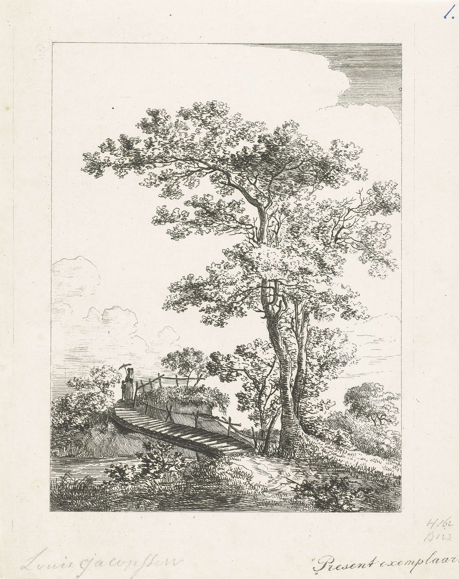 Landschap met bomen en brug by Louis Jacopsen