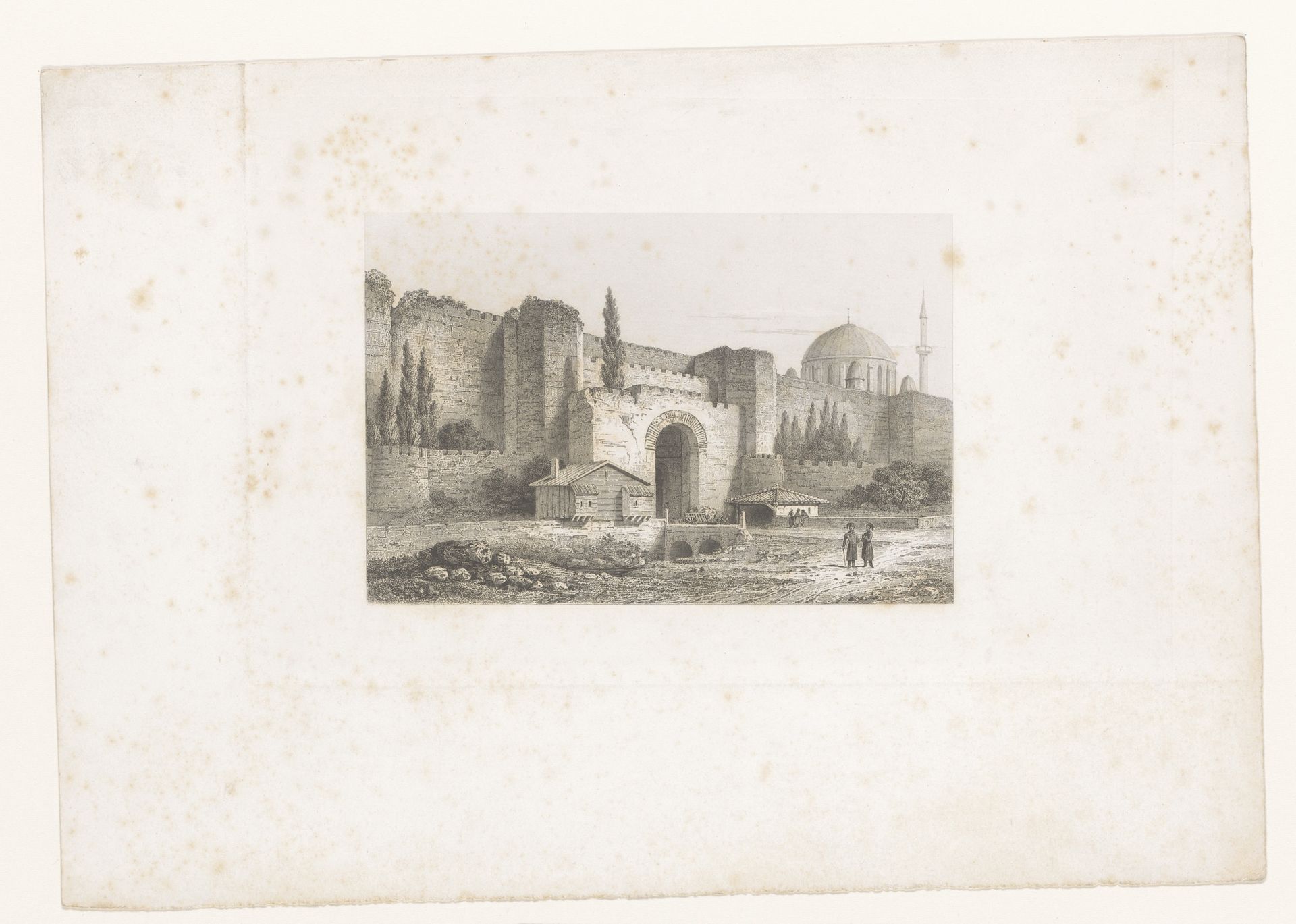 Gezicht op een stadsmuur met poort en daarachter een moskee by Auguste Numans