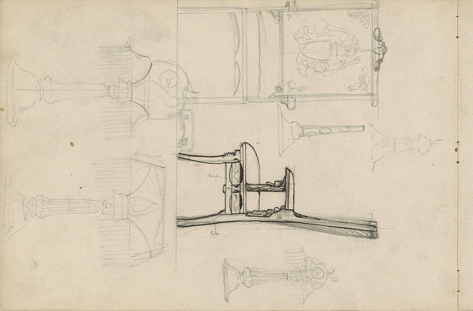 Ontwerpen voor lampen, een stoel en een kast by Carel Adolph Lion Cachet