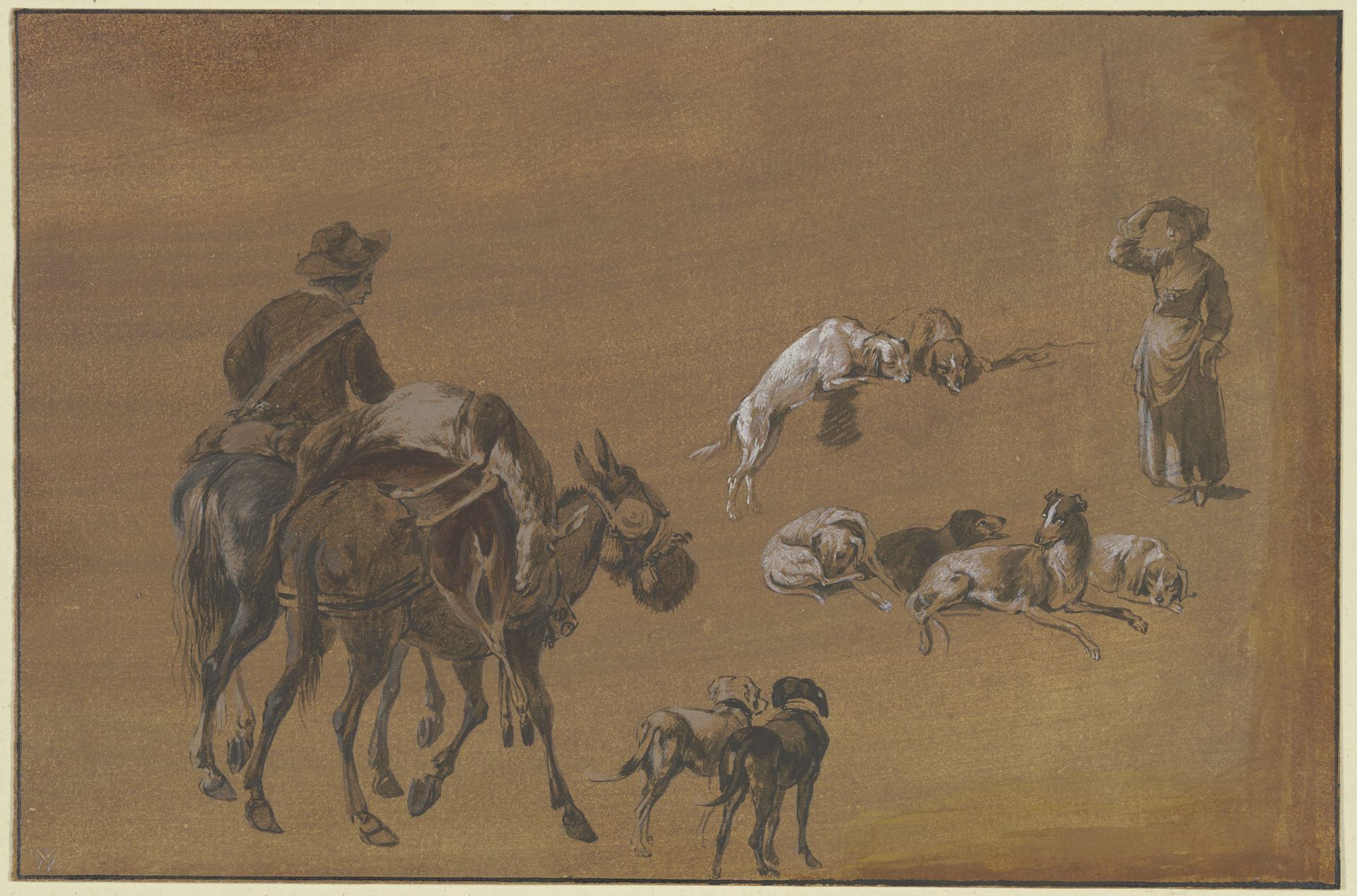 Studienblatt_ Ein Reiter mit einem bepackten Maultier, rechts eine stehende Frau, dazwischen Gruppen von Hunden by Johann Georg Wagner