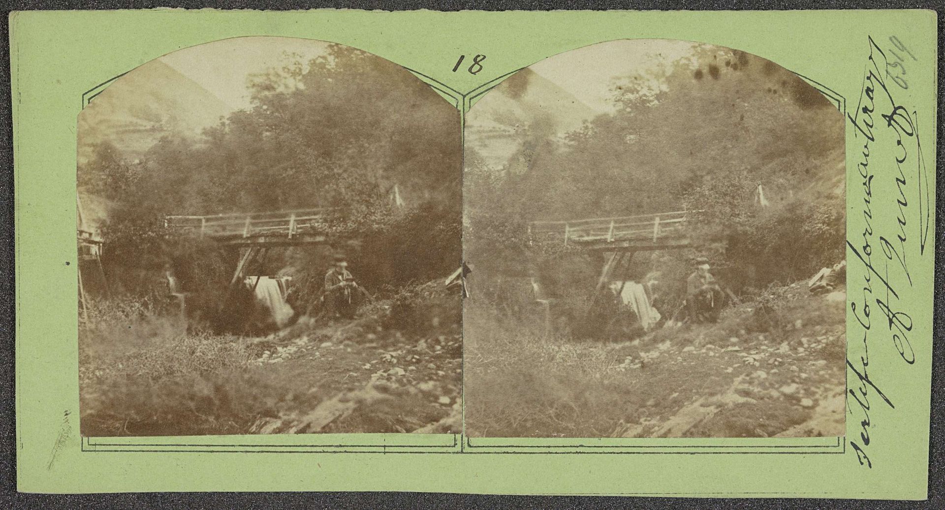 Man met op de achtergrond een brug en een waterval by Achille Quinet