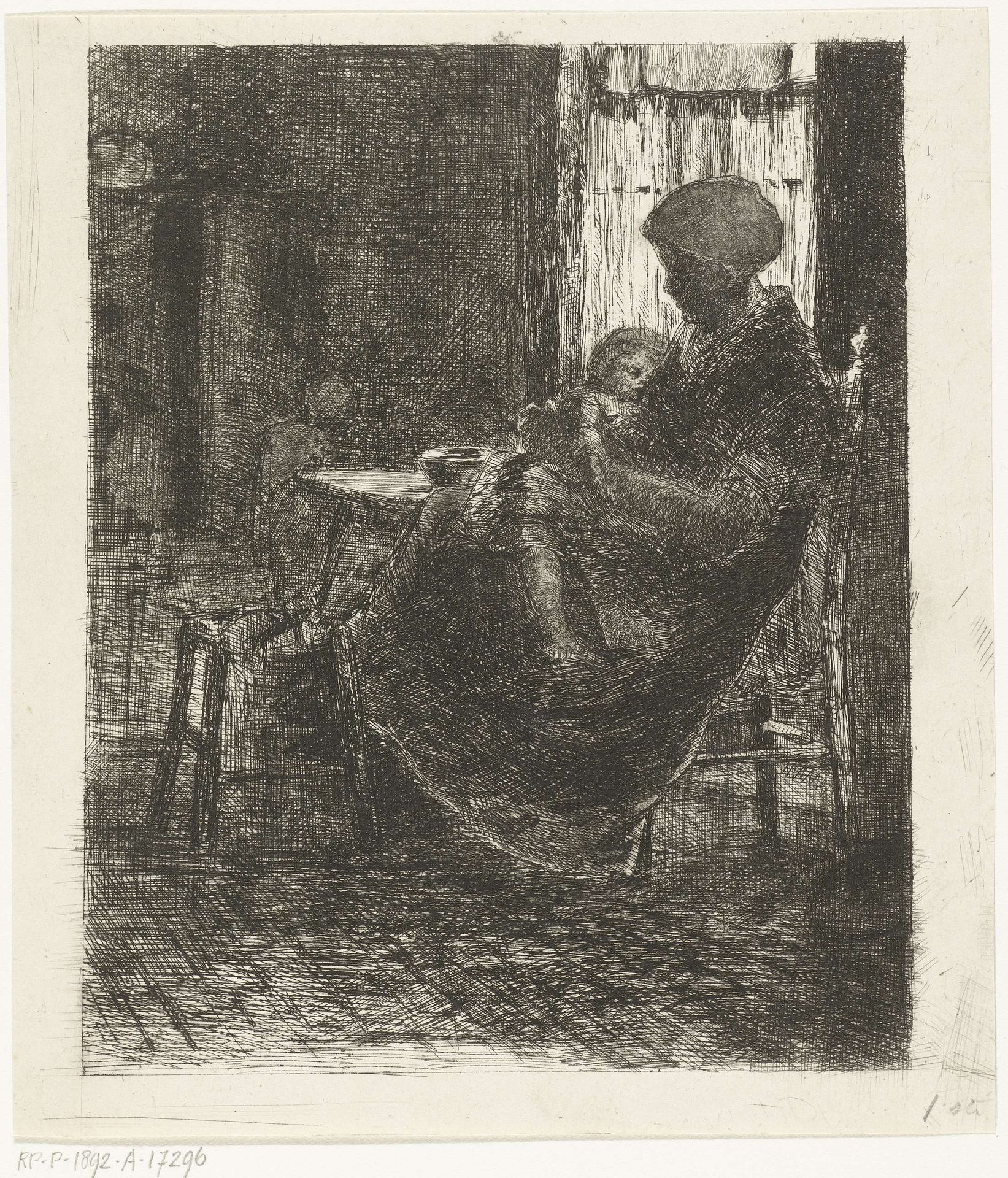 Vrouw met slapend kind op schoot zit bij raam in een interieur by Bernardus Johannes Blommers