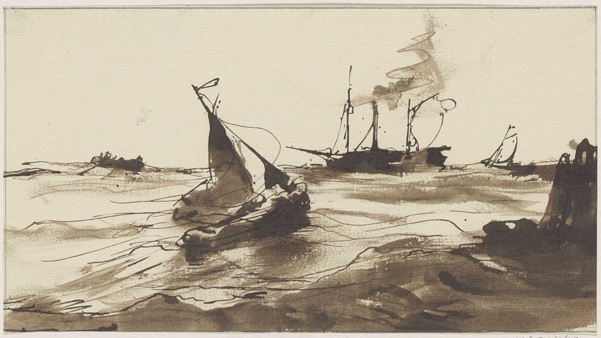 Schepen op zee bij stormachtig weer by Louis Meijer