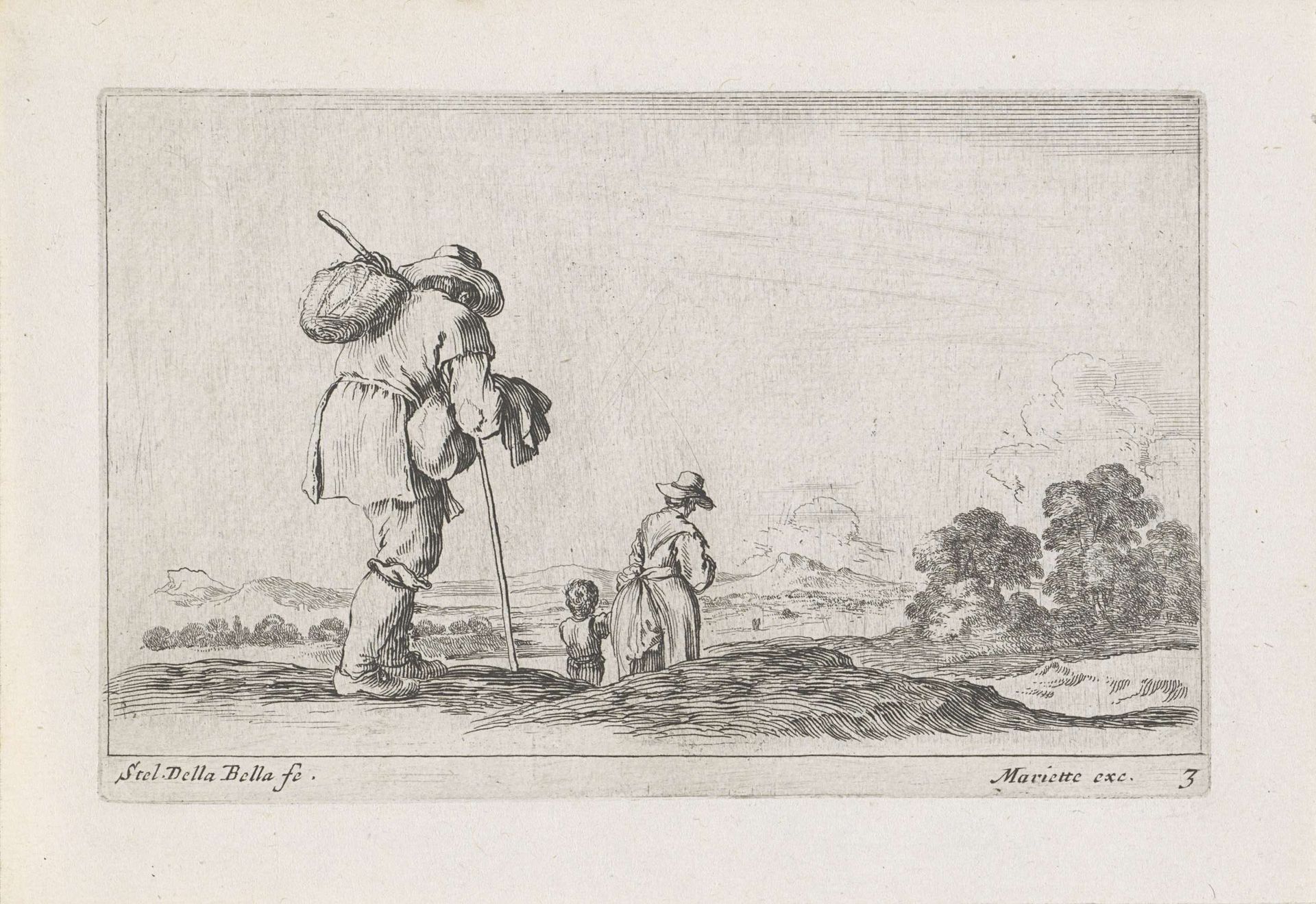 Man met knapzak volgt vrouw met kind by Stefano della Bella