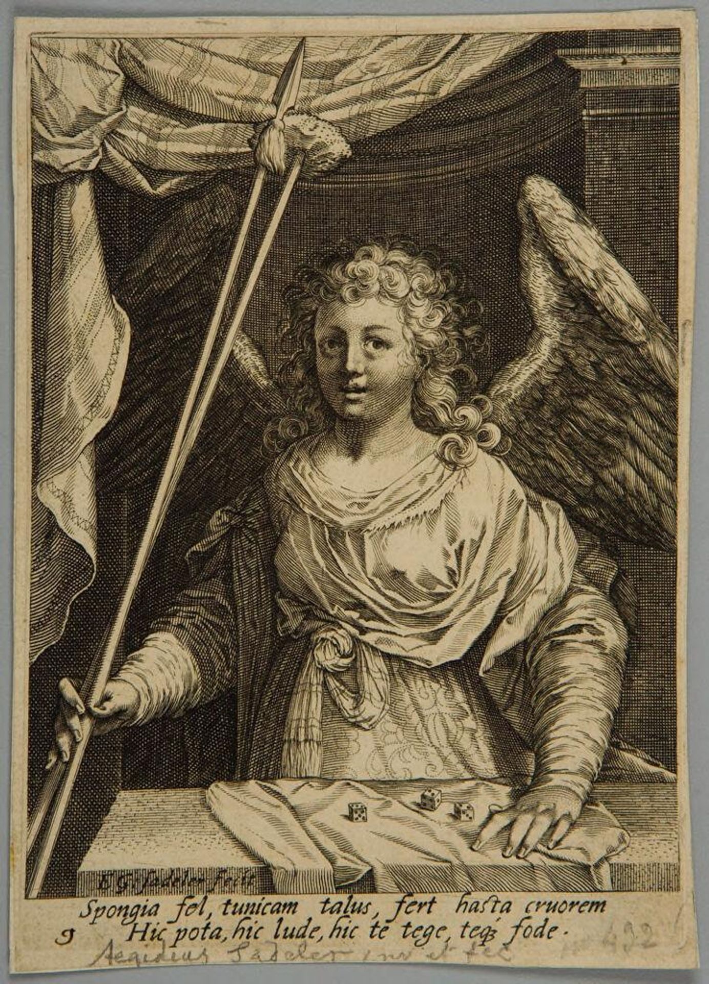 Angel with the lance and sponge in her right hand, dices before her by Aegidius Sadeler II