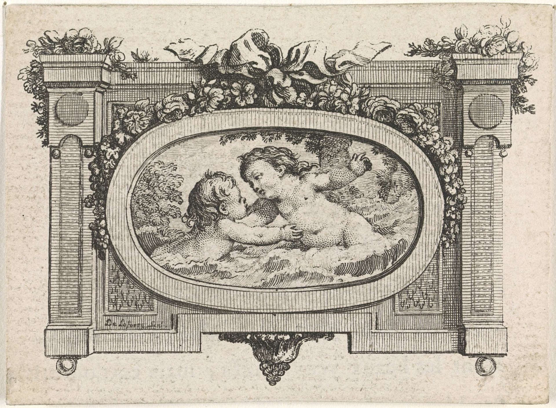 Twee putti omhelzen elkaar by Emmanuel Jean de Ghendt