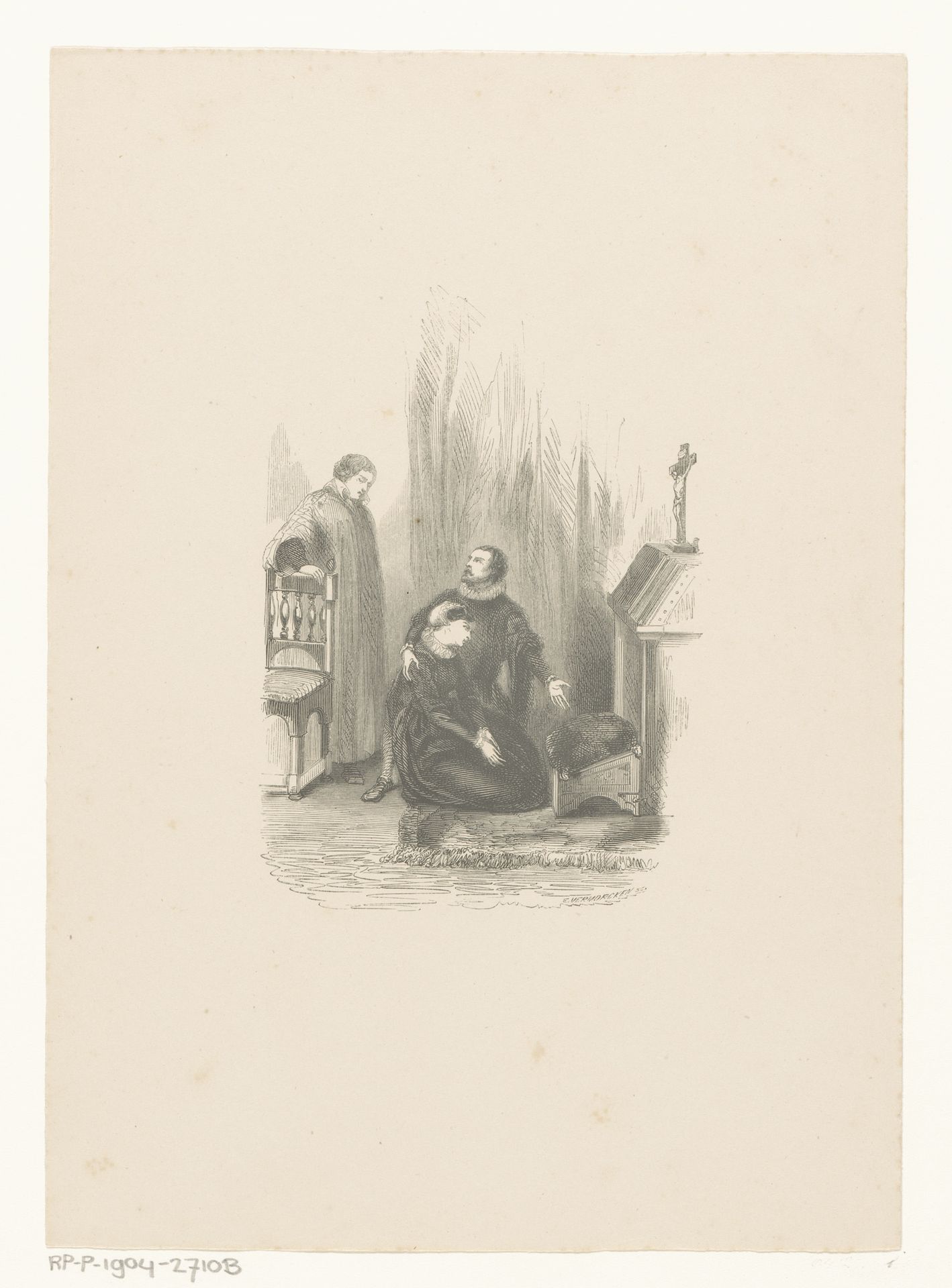 Man bij knielende vrouw voor een altaar by Edouard Vermorcken