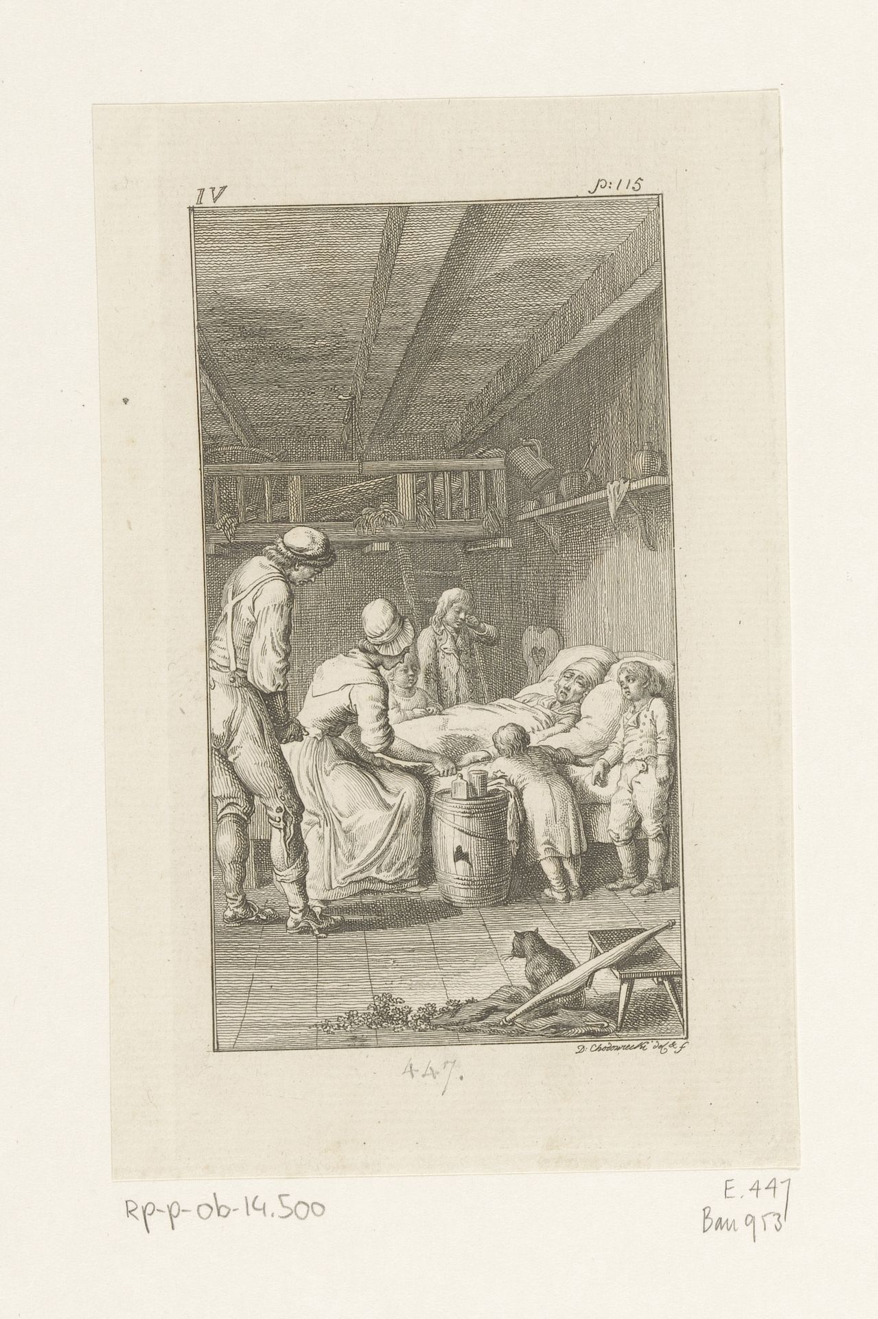 Gertrude aan het sterfbed van Catharina by Daniel Nikolaus Chodowiecki