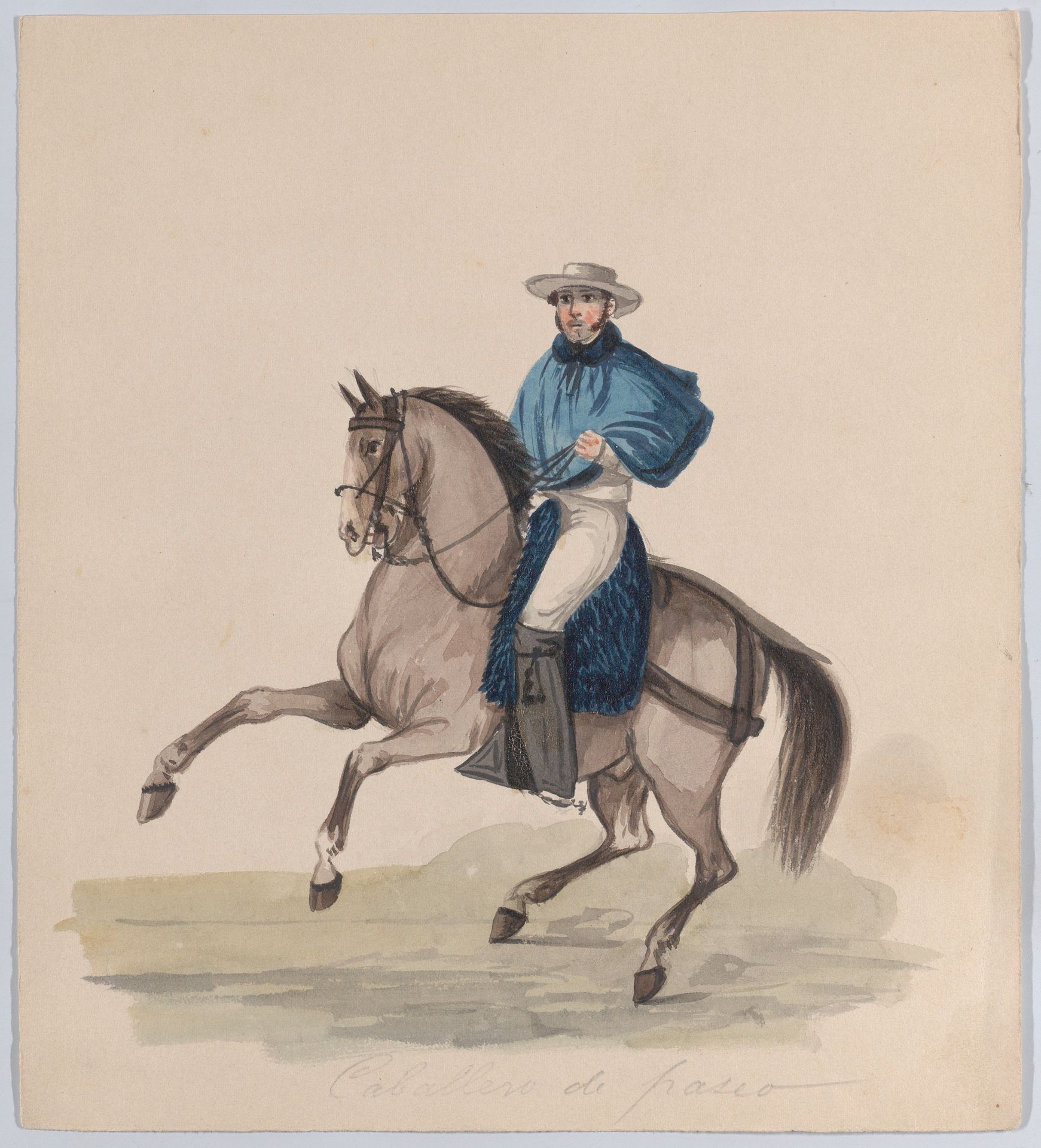 An elegantly dressed man on horseback, from a group of drawings depicting Peruvian dress by Francisco (Pancho) Fierro