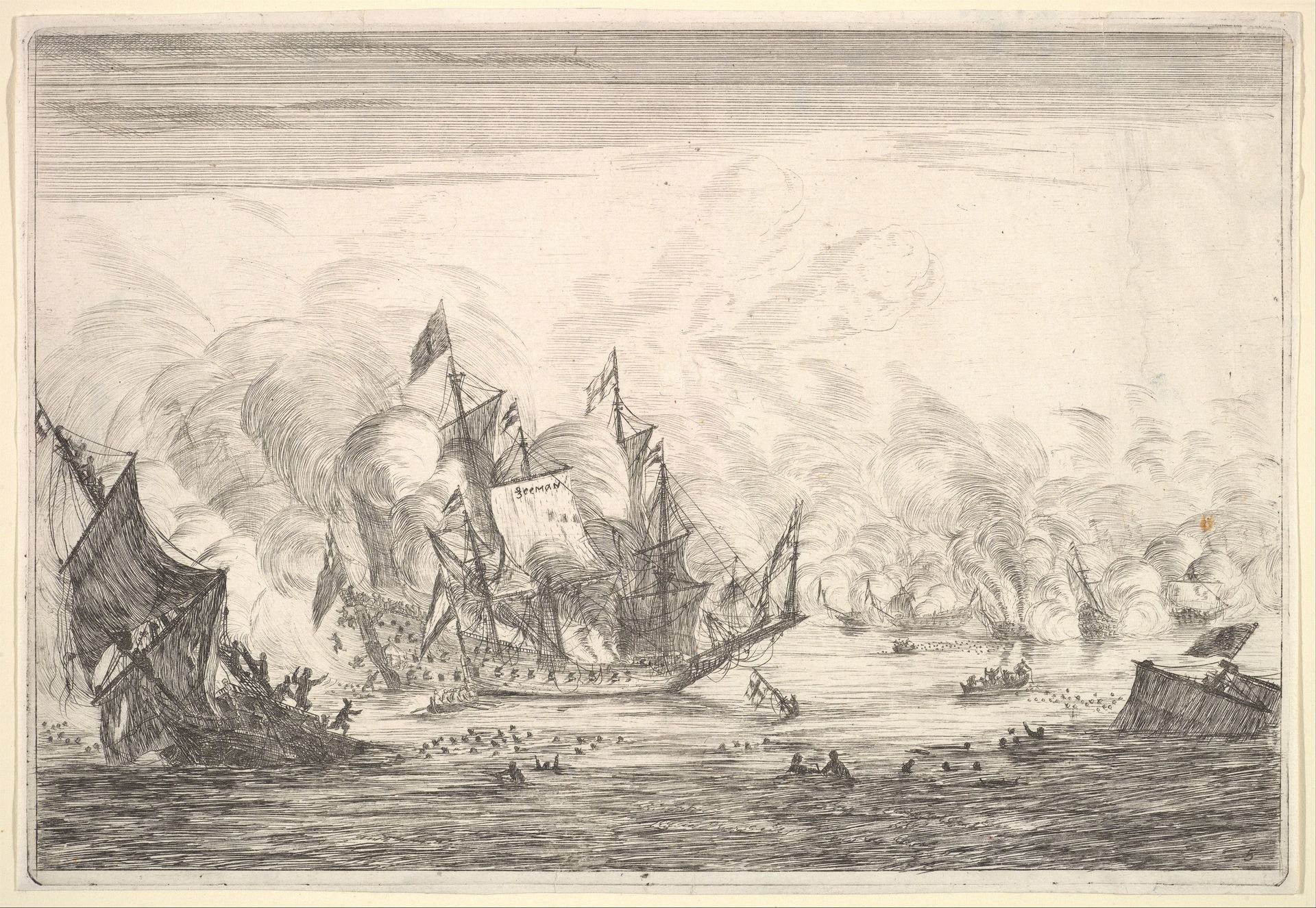 Naval Battle with an English Ship Foundering on the Left, from Naval Battles (Nieuwe Scheeps Batalien),  plate 5 by Reinier Nooms