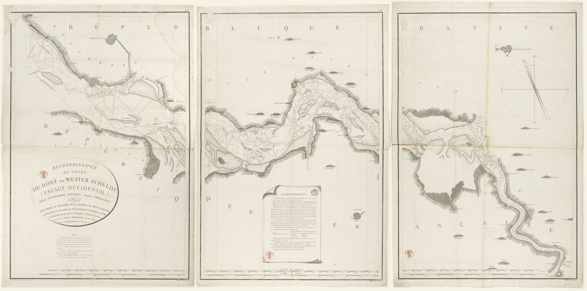 Kaart van de Westerschelde, bestaande uit drie delen by E. Collin