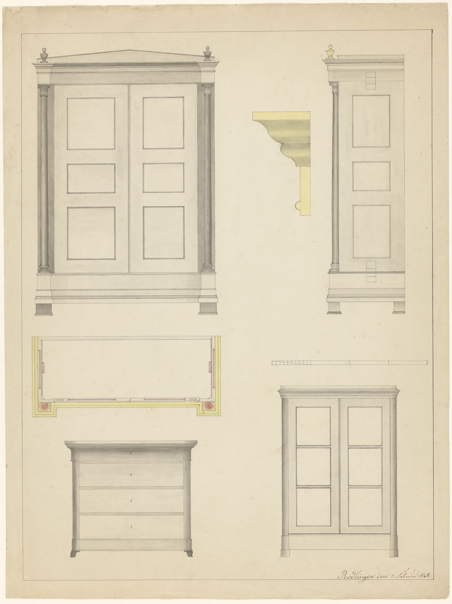 Ontwerp voor een tweedeurskast met plattegrond en zijaanzicht, een profiel, een commode en een tweede tweedeurskast by B. Winghofer