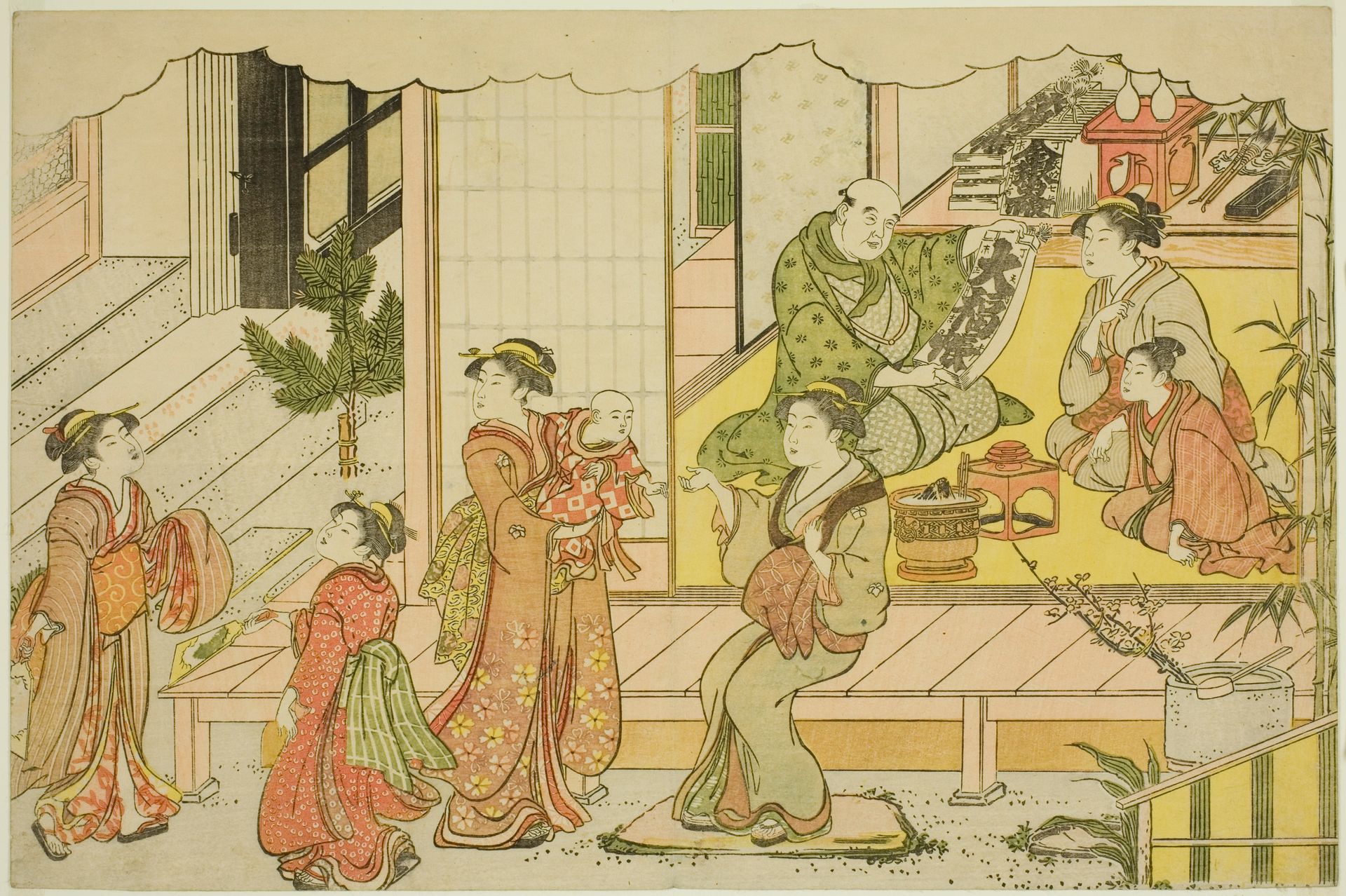 Opening the Storehouse (Kurabiraki), from the illustrated book "Colors of the Triple Dawn (Saishiki mitsu no asa)" by Torii Kiyonaga