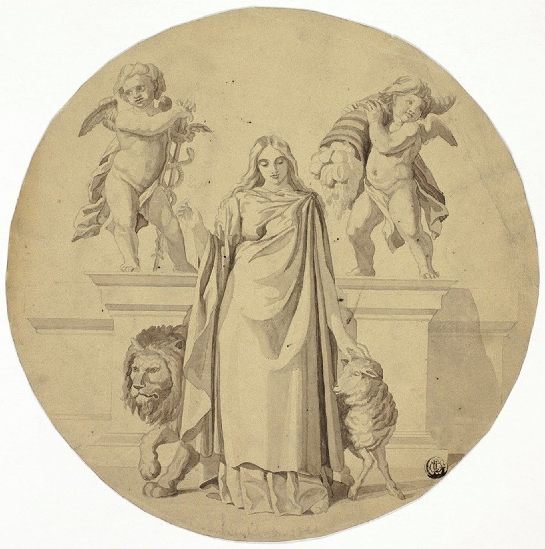 Allegorical Female Figure with Lion, Lamb, Two Putti by Frederic Leighton